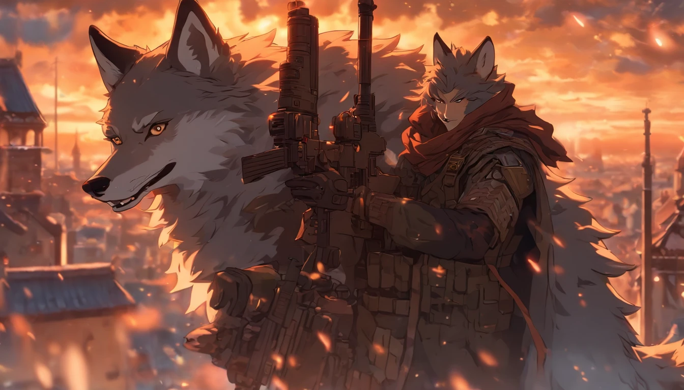 Illustration of a wolf holding or shooting a sniper rifle,８Equivalent,full bodyesbian,Cinematic light and reflection, Surrounded by clouds, Buildings in medieval Europe, glazed tiles,