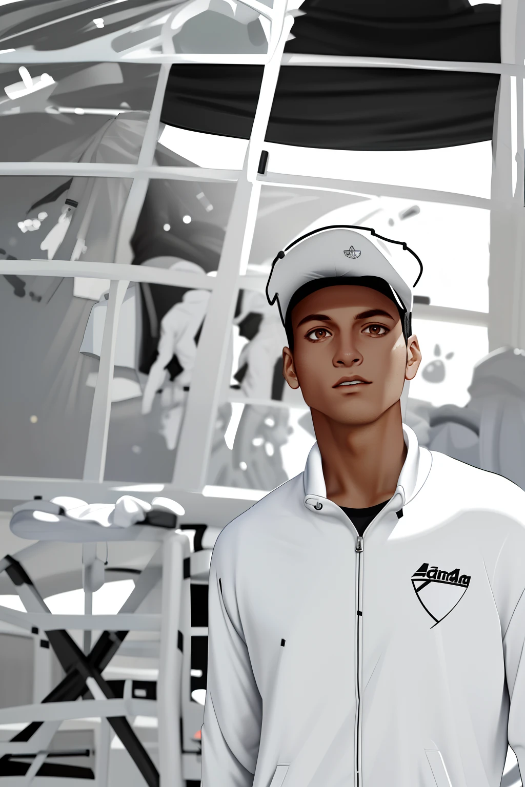 Wear a white sweatshirt and black shorts,Arad in a baseball cap, centered full body rear-shot, smooth white tight clothes suit, realistically rendered clothing, realistic dress, medium shot taken from behind, Homem em Tracksuit Adidas, White and black clothing, Sweat, Full body like,athletic sneakers