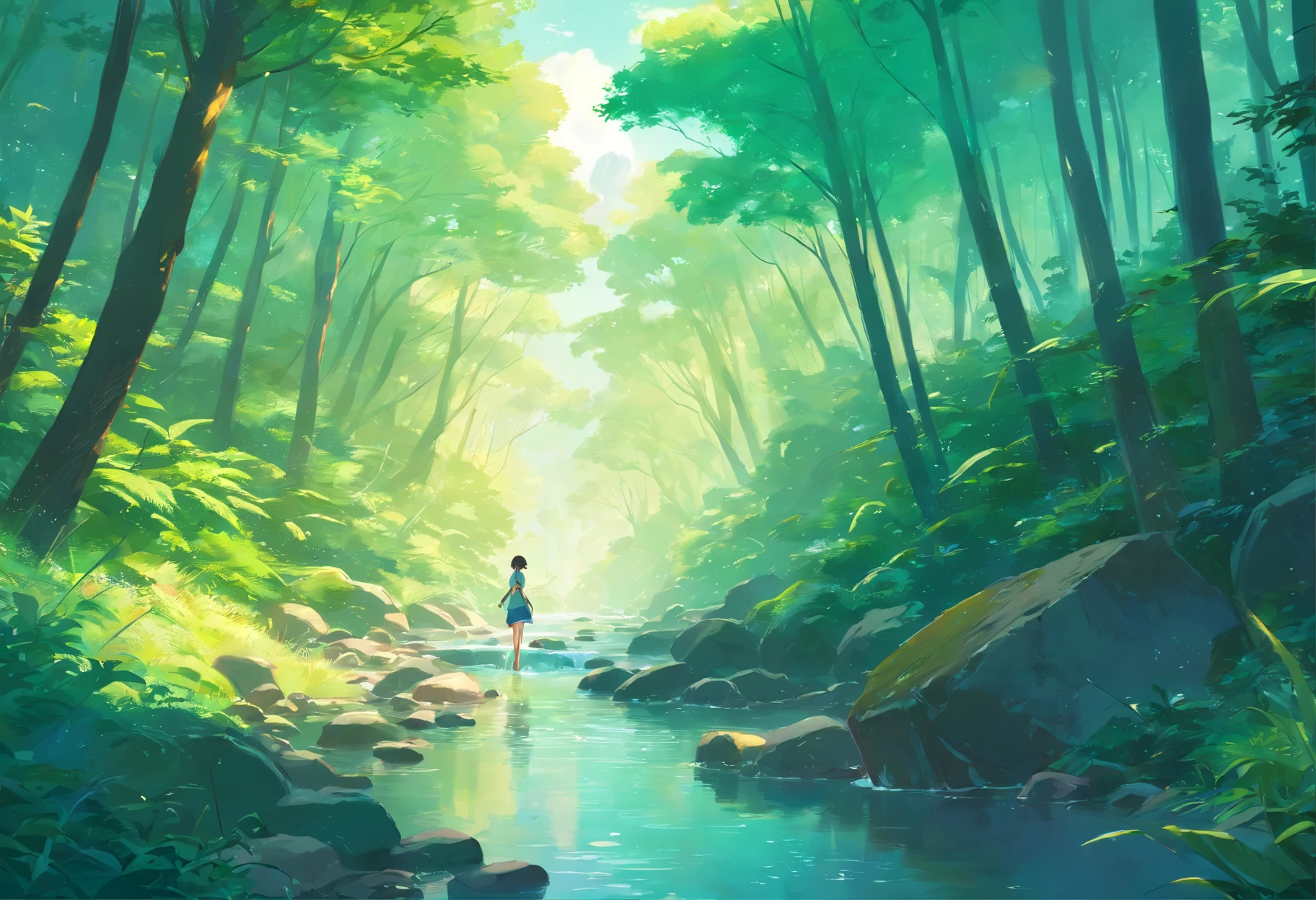 Close-up of a stream flowing through lush forest, by Ross Tran. scenic background, ryan dyar, Environmental painting, beautiful oil matte painting, photorealistic landscape, 4k HD Matte Digital Paintings, 8 k resolution digital painting, 8k resolution digital painting, surreal landscape, inspired by Raphael Lacoste, Illustration Matte Painting, beautiful digital painting