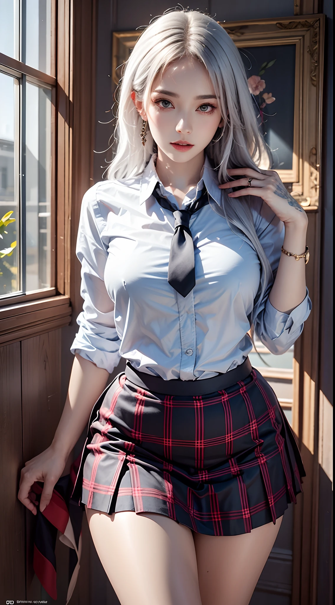 photorealistic, high resolution, soft light, 1women, solo, hips up, shining skin, jewelry, school uniform, white hair, tattoo, shirt, skirt