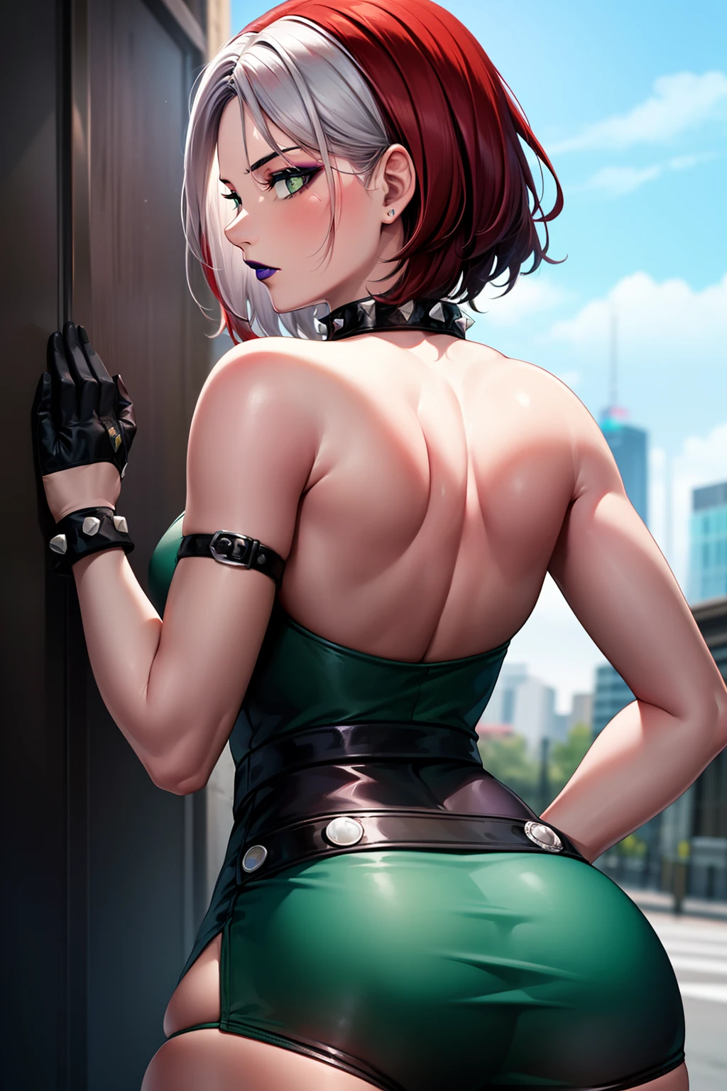 (masterpiece, best quality, ultra-detailed), 1girl, RogueXME, two-tone hair, (red hair), white bangs, green eyes, purple makeup, purple lipstick, studded collar, medium breasts, green outfit, from behind, black mini skirt