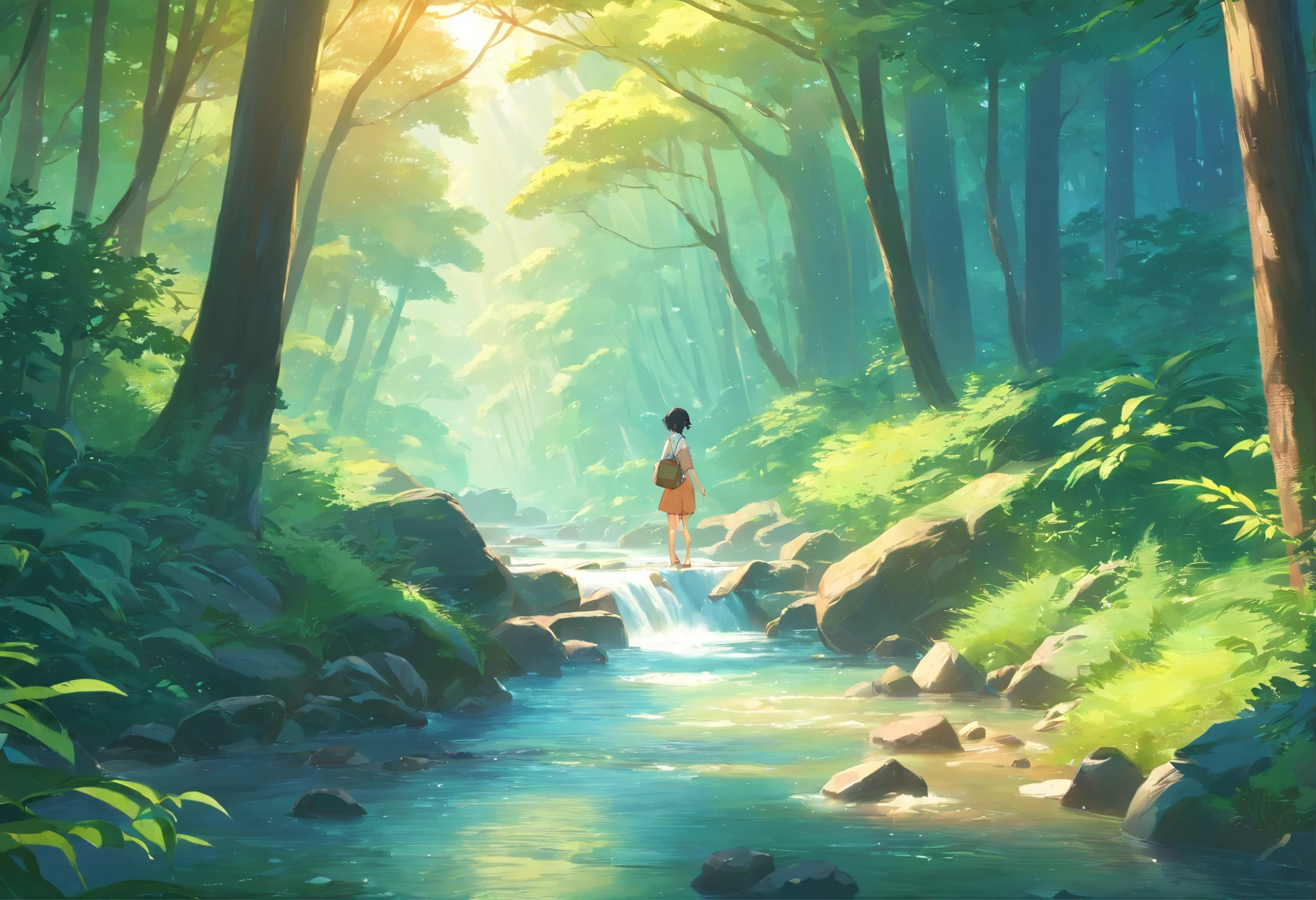 Close-up of a stream flowing through lush forest, by Ross Tran. scenic background, ryan dyar, Environmental painting, beautiful oil matte painting, photorealistic landscape, 4k HD Matte Digital Paintings, 8 k resolution digital painting, 8k resolution digital painting, surreal landscape, inspired by Raphael Lacoste, Illustration Matte Painting, beautiful digital painting