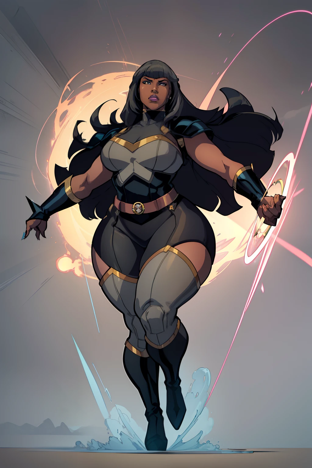 (masterpiece), (best quality), ((Nicki Minaj)), curvy, makeup, (bronze skinned female), ((muscular thighs)), ((small breasts:1:1)) ((wide waist)), hair with bangs, (full body) ((grey background)), contoured