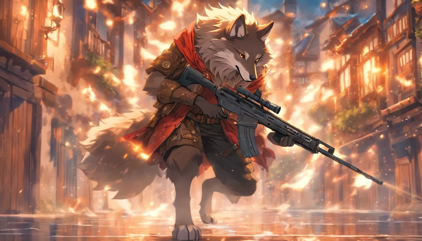 Illustration of a wolf holding or shooting a sniper rifle,８Equivalent,Full body angle,Cinematic light and reflection, Surrounded by clouds, Buildings in medieval Europe, glazed tiles,