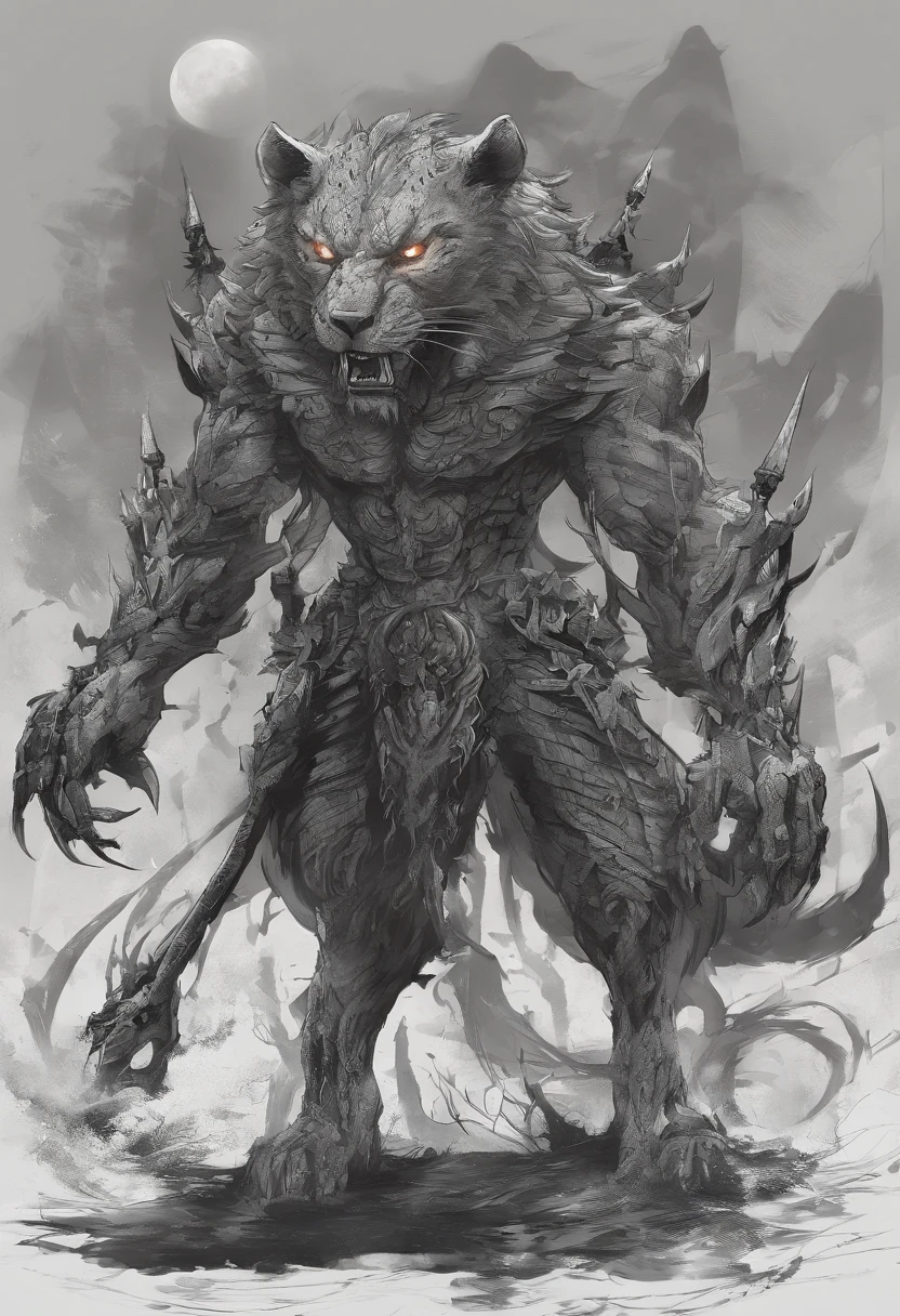 Strange monsters in a fantasy world,sabertooth tiger,long canine teeth,Strong limbs,Covered in flames,Blood,Covered with thick spikes,Moon Night,中景 the scene is,Full body like, highly detailed surreal vfx,oc rendered,Shot with 70 mm - AR 16:9 --q 2 --s 1000