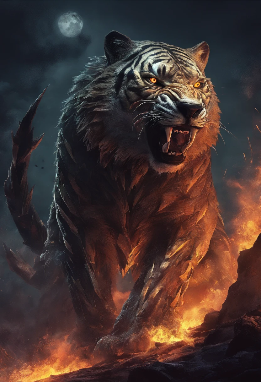 Strange monsters in a fantasy world,sabertooth tiger,long canine teeth,Strong limbs,Covered in flames,Blood,Covered with thick spikes,Moon Night,中景 the scene is,Full body like, highly detailed surreal vfx,oc rendered,Shot with 70 mm - AR 16:9 --q 2 --s 1000