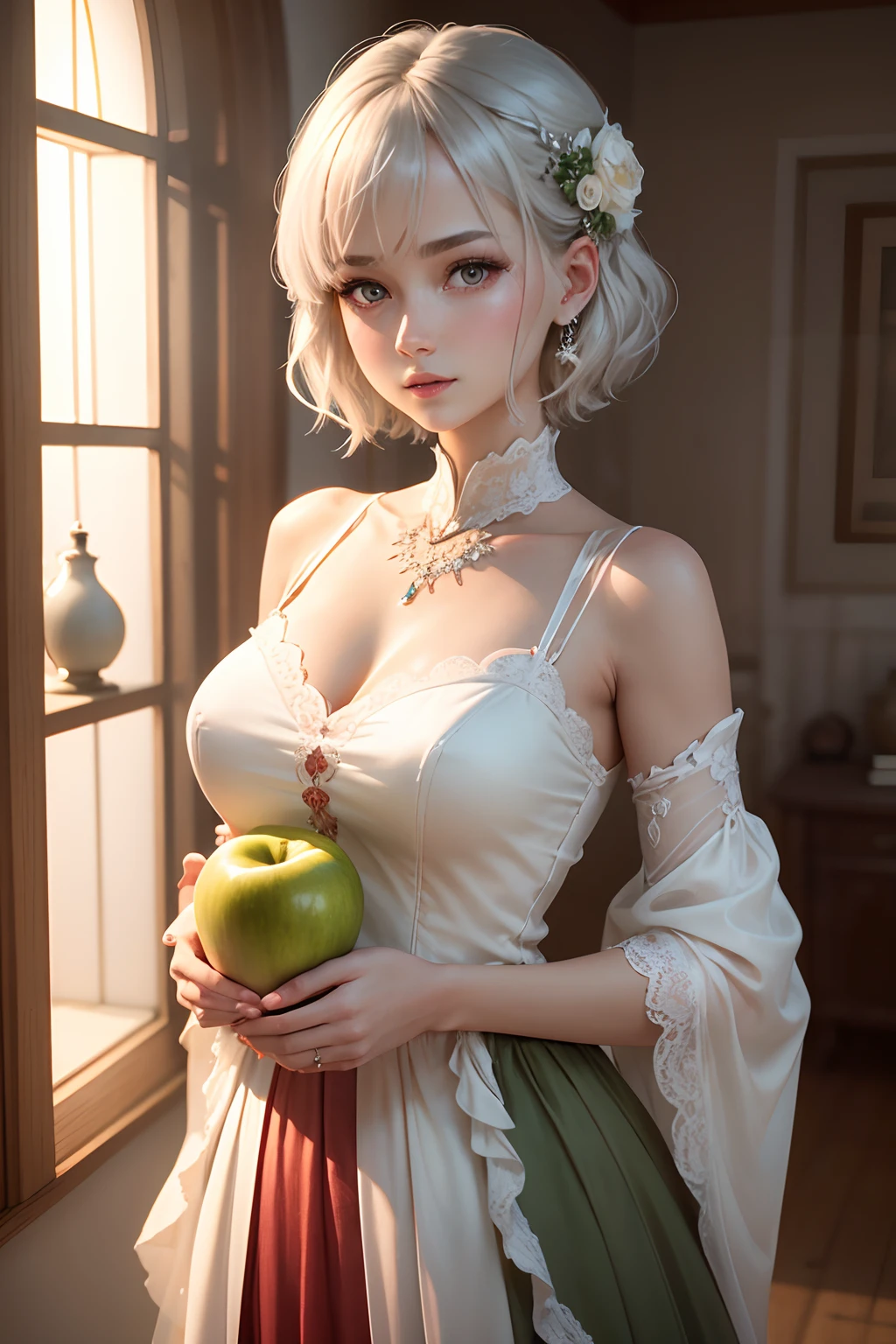 There is a woman in a green dress holding a green apple, ray tracing, {best quality}, {{masterpiece}}, extremely detailed 8K wallpaper, {an extremely delicate and beautiful}, colorful, intricately detailed, realistic , (detailed depiction of clothes), cold white skin, (detailed depiction of blush), 1080p, sun, soft cuteness, short hair, smooth light silver hair, messy beauty, lighting, broken feeling, bright and silky skin, 3D three-dimensional sense, Masterpiece, best quality, illustration super fine, beautiful eyes, very fine light, fine glow, very fine 8K CG wallpaper, peach eyes, red pupils, an extremely delicate and beautiful girl, 8k wallpaper, best quality , noon, upper body close-up, white long skirt, luxurious silky bright red chiffon floodlight (magic, glitter, ultra-thin, soft,) Hanfu