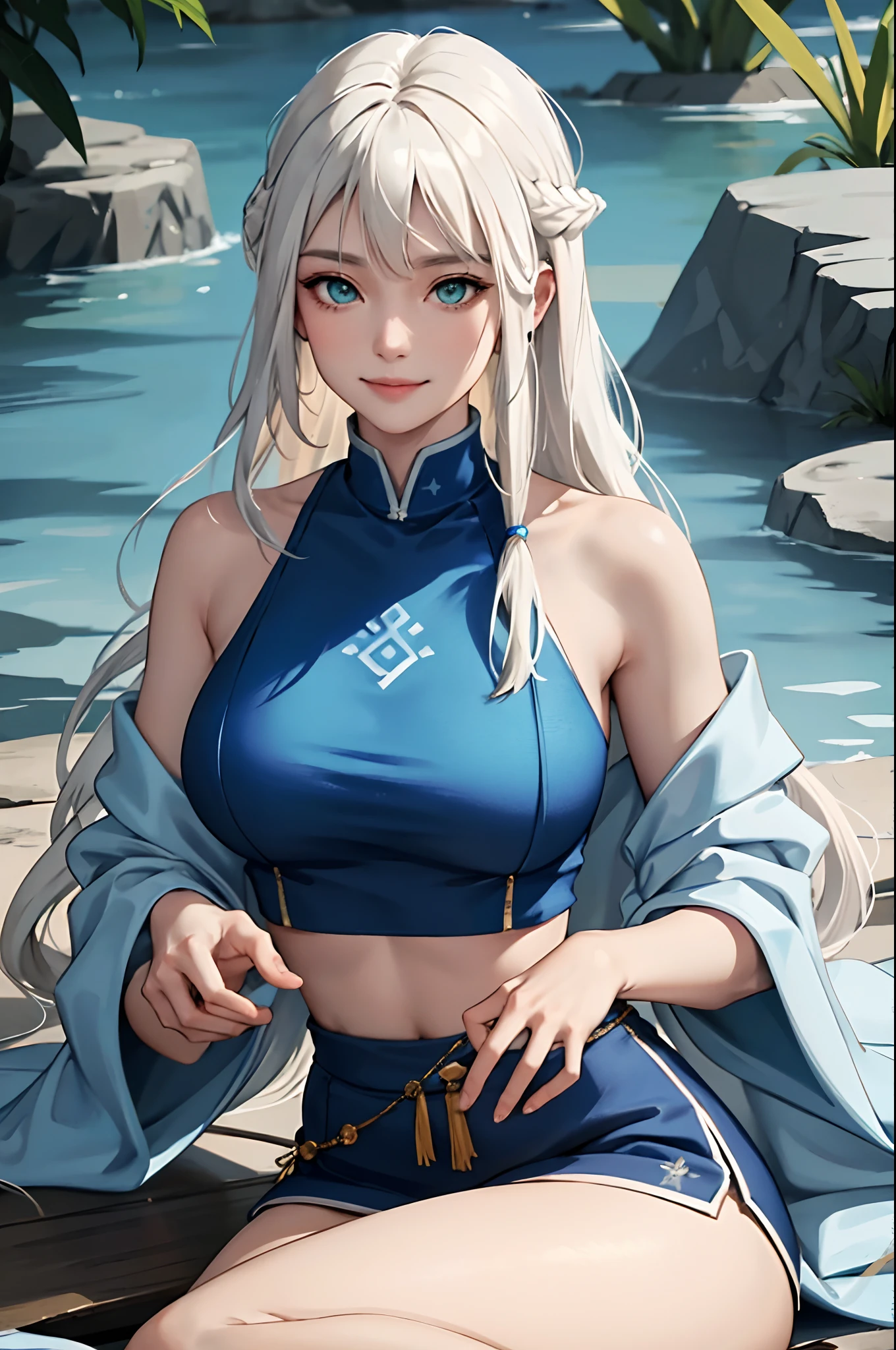 (masterpiece:1.2, best quality), (real picture, intricate details), 1lady, solo, upper body, sitting down, sitting, casual, long hair, minimal makeup, natural fabrics, close-up face, smile, smiling, really long light platinum blonde hair, really long hair, bangs, voluminous hair, green eyes, big breasts, big boobs, big tits, watertribe clothing, blue clothing, pants, top, water tribe pants, water tribe top, Korean bangs, cute bangs, mature face, 1adult, 1 female, 1 woman, (water tribe uniform), Waterbender, blue clothing, clothing with fur, waterbending (Avatar the Last Airbender)