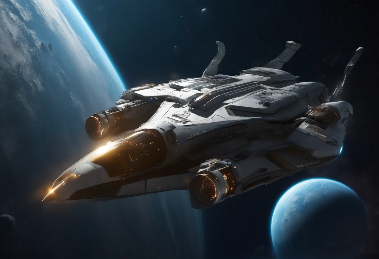Best quality, , 超高分辨率, (Realistic photography:1.4), ultra-realistic realism, A futuristic complex spaceship stands still in space, Its hull was damaged, Robots and astronauts are repairing it, The vastness of the universe is in the background, Outstanding details, Cinematic footage