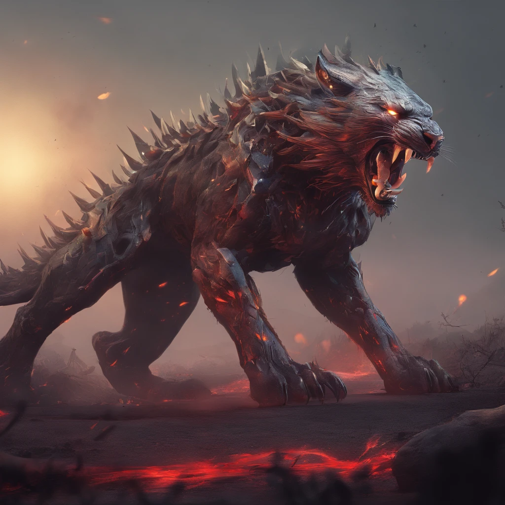Strange monsters in a fantasy world，sabertooth tiger，long canine teeth，Strong limbs，Covered in flames，Blood，Covered with thick spikes，Moon Night，中景 the scene is，Full body like， highly detailed surreal vfx，oc rendered，Shot with 70 mm - AR 16:9 --q 2 --s 1000