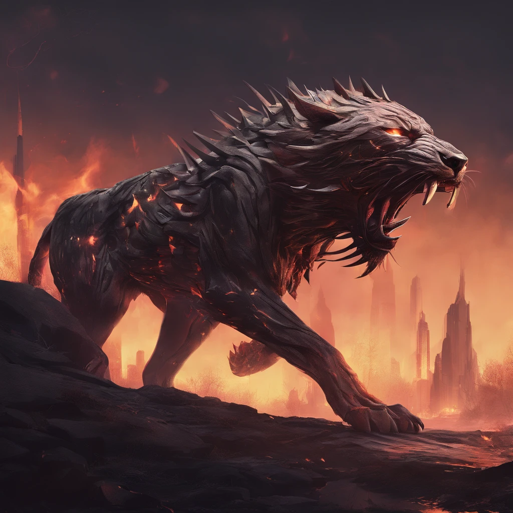 Strange monsters in a fantasy world，sabertooth tiger，long canine teeth，Strong limbs，Covered in flames，Blood，Covered with thick spikes，Moon Night，中景 the scene is，Full body like， highly detailed surreal vfx，oc rendered，Shot with 70 mm - AR 16:9 --q 2 --s 1000