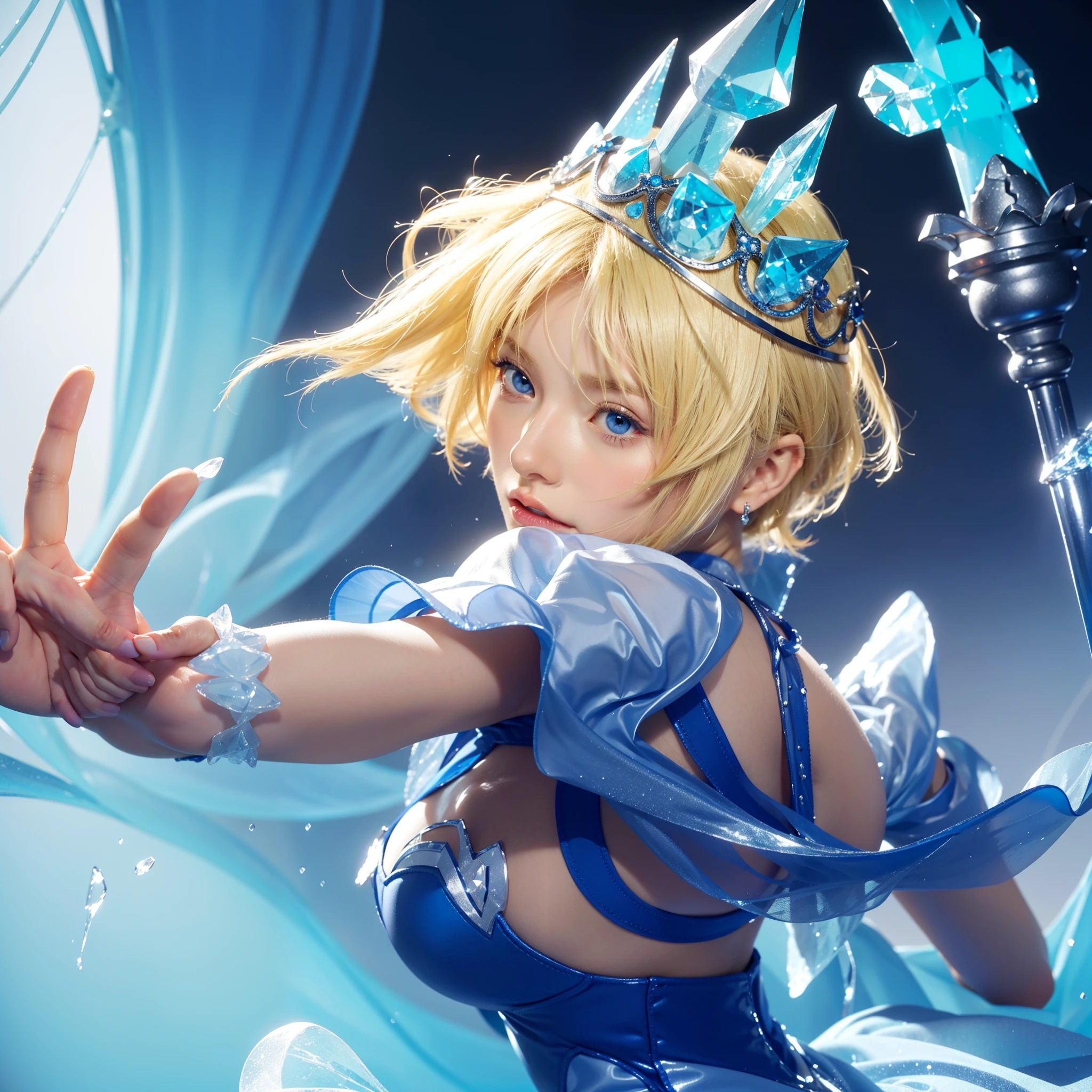 Best quality, ultra high definition, blonde short hair, crown of ice, ice weapon right hand, blue eyes, 1 girl,  blonde hair, blue and white gown, detail, ultra detail, realistic, highly detail, high res, high definition, hd, 8k,