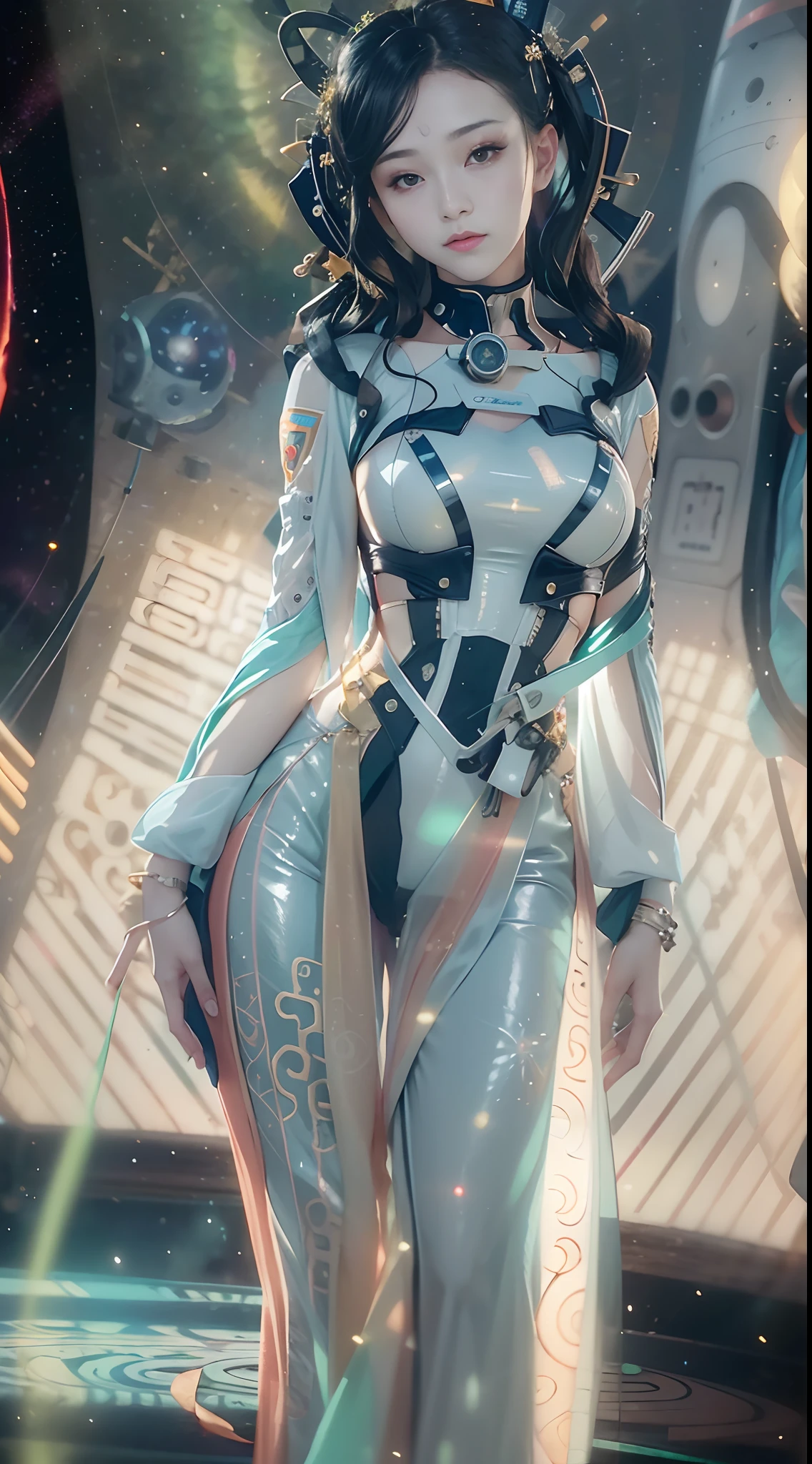 (tmasterpiece:1.2),best qualtiy,In space,(nigh sky,medium lenght hair:1.2),(illustratio:1.2),lindo cenario,dreads,(Elaborate luminescence,lens flare glow),(Hyper-detailing),Hyper-detailing,(exquisitedetails),(complexdetails),(Movie light,Best quality backlight),清晰的线条,New world,peeping at the viewer,Solo Woman,(Space Girl,the space),Oriental women,The girl looks like a Chinese movie star,Solo Woman,Perfect body,Beautiful 16 year old girl,(1girll),(Bright bioluminescent hair,bright glowing eyes),(galaxias,Alien planet),(Astronaut wearing sexy futuristic style white fitted spacesuit:1.1),The material of the spacesuit is light and thin,Latex tight spacesuit,The chest of the spacesuit shows the starry sky,Slightly closed eyes,(cyber punk perssonage),(dyna:1.3),(putting makeup on)),hight contrast,(The best lighting,Extremely refined and beautiful),((Movie Moonlight)),Extremely colorful,((Photoshop Pastel Painting:1.1)),aethereal,(Movie Masterpiece),suspense,Funk,(Starskrim),splash of color,absolutly eye-catching,((Caustics)),dynamic angle,big breasts beautiful(detailed glow),(spine-chilling),(Intricate movie scenes behind it:1.2),Environmental occlusion, (Ambient moonshine), ray-traced reflection, intricately detailed visible background , (Glowing spacesuit), terroral, (Bioluminescent vegetation:1.2), terroral, uneasy, A futuristic, terroral, (Hologram head-up display), (Delicate Great Comet)