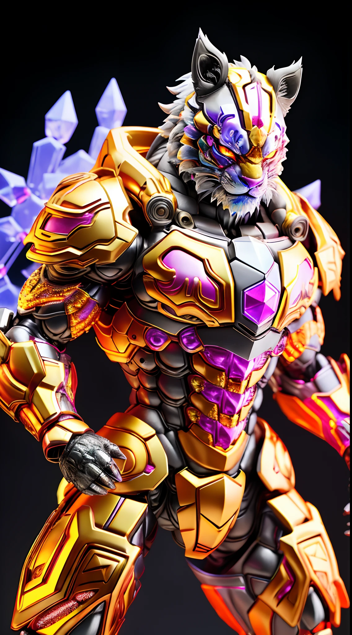 TIGER KING, RAINBOW COLORED, HETEROCHROMIA EYE, CRYSTAL HEAVY ARMOR, TRANSPARANT, MUSCLE BODY.