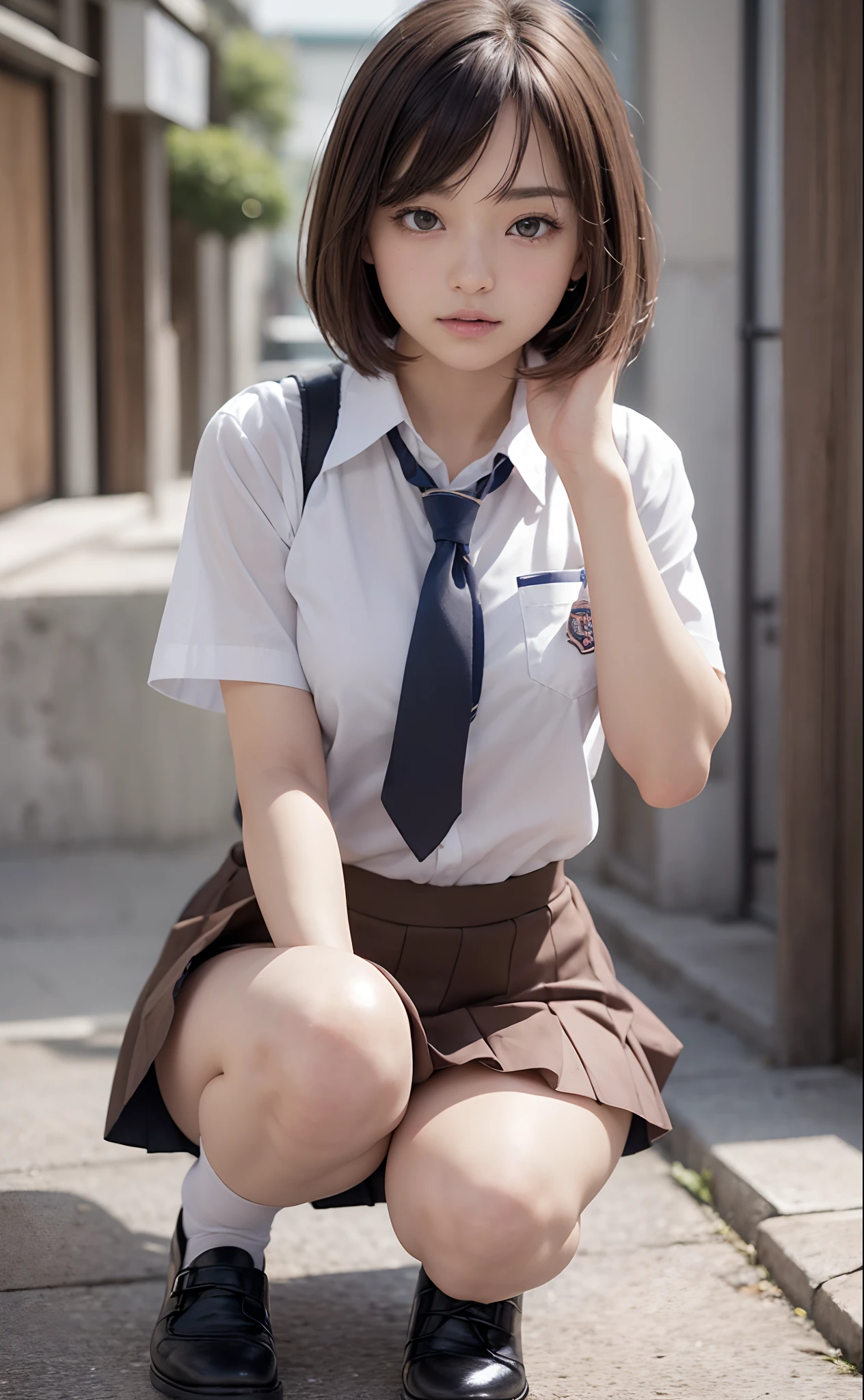 in 8K,top-quality,Real Image,intricate detailes,超A high resolution,Depth Field,masuter piece,natural soft light,profetional lighting,1 girl in,(cute little:1.2),an extremely beautiful -yeld giA detailed eye,((Brown-eyed)),(Brown hair),((a short bob)),(bangss),flawless skin,shinny skin,fair white skin,Fine skin,large full breasts,((perfect anatomia,nice hand,perfect hand,Five fingers connected to the palm of the hand,accurate hands without incongruity)),Perfect raw legs,delicate legs,perfectly proportions,A sexy,Chest visible,((Japan schoolgirl uniform)),((School Uniforms mini Skirt)),(neck tie),Black socks,Chano Leather Shoes,crouching down,In the street,both legs are bent,I can see panties,Delicate thighs visible from the front