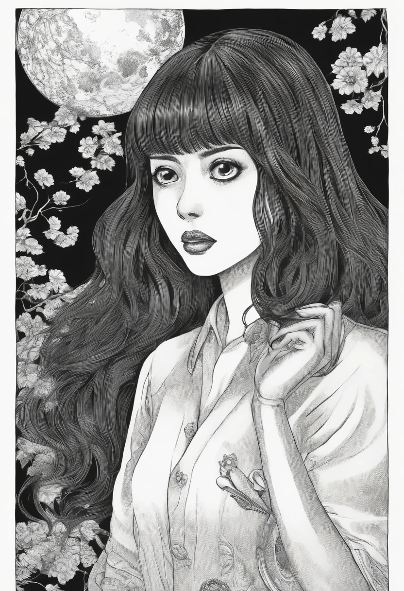 junji ito style, horror manga, black and white, one page manga style layout, no talking bubbles, yokai girl, screaming gils who has a crazy eyes and huge mouth and super long black hair, grotesque, disgusting, bloody, terrifying, dynamic manga layout, horror, Junji Ito