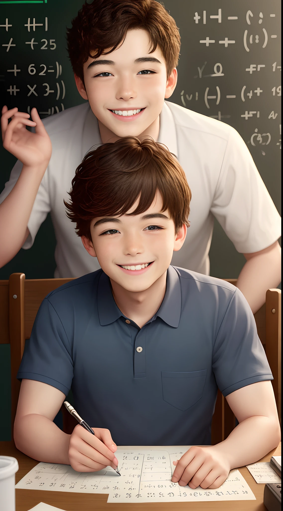 Lohan smiling as he solves a math problem with his friends.