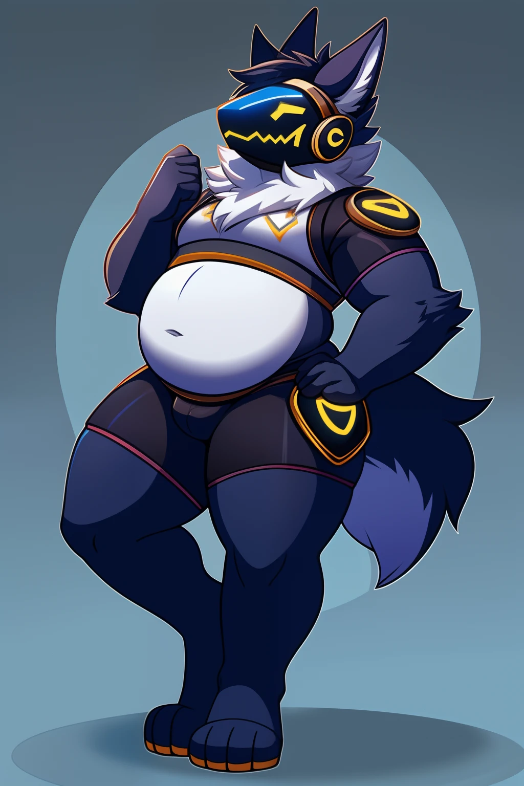 best quality, cartoonish, male anthropomorphic protogen giant, swaying hips, imminent vore, fat belly, seductive
