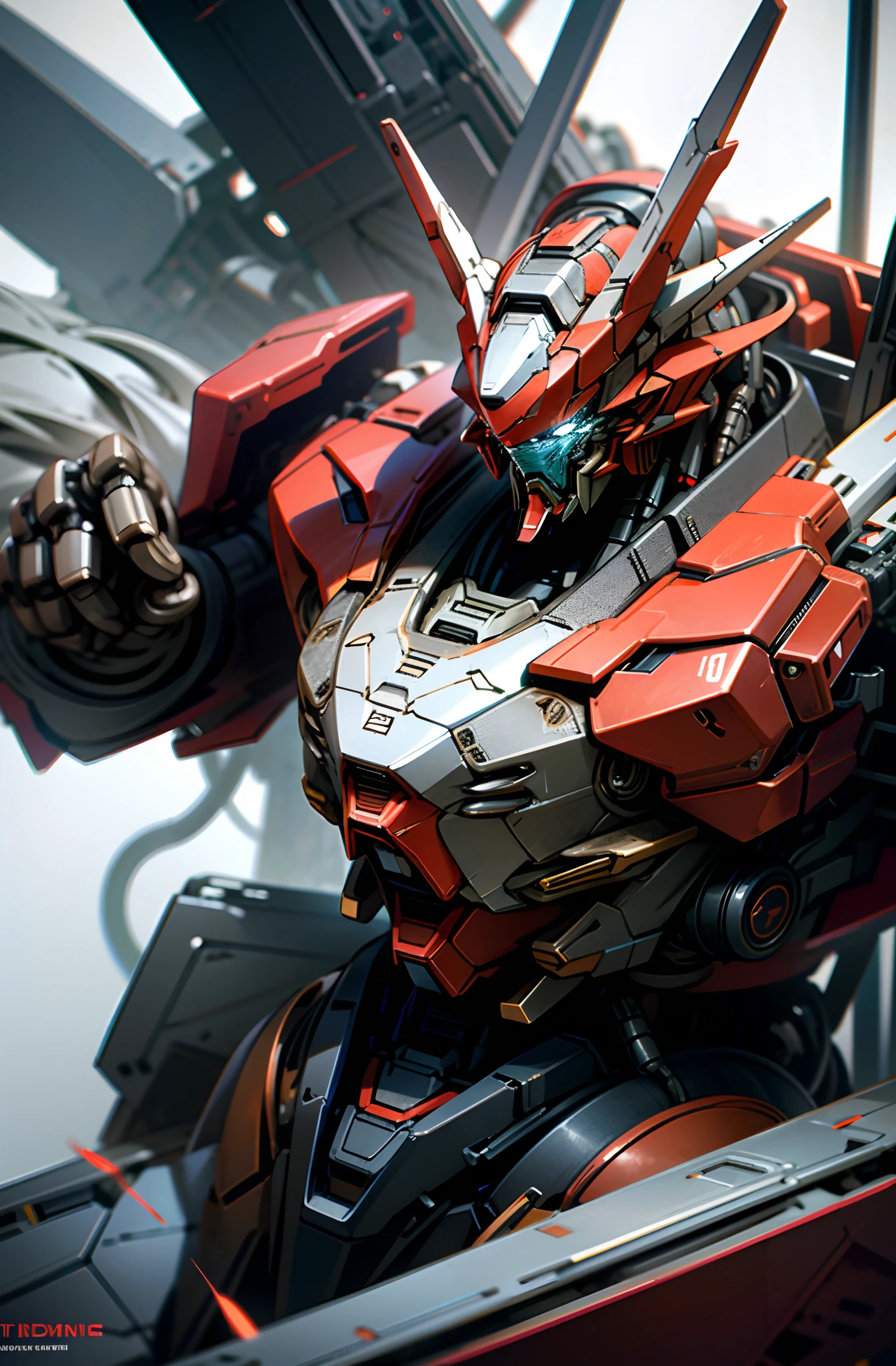 Dark_Fantasy,gundam,1Mechanical marvel,Robotic presence,Cybernetic guardian, giant mechanical armour, heavy mechanical iron glove, absolutely stunning art,black and red coating, highest quality art, highest resolution, hyper detailed,black and red, futuristic, gundam robot, atmospheric,8k,64k, HD, unparalleled masterpiece, dynamic lighting, cinematic, epic, tiger inspired mech