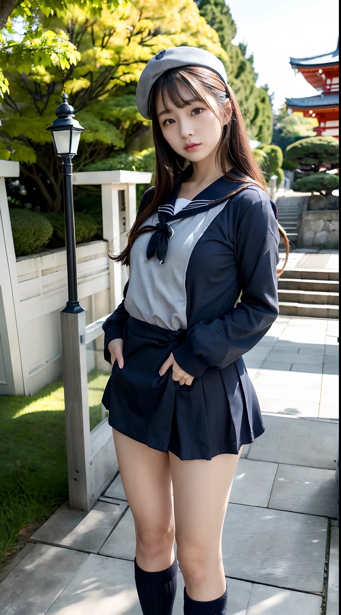 mix4, (16 K, Raw photography, Top image quality, masterpiece: 1.45), (realisitic, Photorealsitic: 1.37), one girls, 7.5, etc、Random hairstyle、Standing figure,Noon time slot、a very cute, Precincts of the shrine,Stone staircase, profetional lighting, photon maping, a park、physically-based renderingt, Gradient dark brown hair,, a handsome, Well-groomed and beautiful eyes、Large double eyelids、Very shiny、girl with, (((student clothes、Long sleeve sailor suit worn by Japan schoolgirl、red cuffs、Dark blue mini skirt, Small gray beret、Dark blue knee-high socks、Black loafers))), Top Quality Photos, hight resolution, 1080p, (clearface), (Detailed face description), (Detailed hand description), (masterpiece), (Exquisite CG)、extreme light and shadows、dishevled hair、master work、abundant detail、(Fine facial features)、(top quality photo)、(masuter piece)、(A detailed eye)、Look in front of you、Fine clavicle、((Slender big))、(((Japan schoolgirl in long-sleeved sailor suit)))、((Ready Idol System))、((Precincts of the shrine、torii gate、Tesuisha、Komainu))、(Shooting from random perspectives)、(((Anyway cute)))、耳?????? Ring、A big smile、Drawing the whole body from the knees、Do not draw nasolabial folds、(((Long-sleeved sailor suit)))、(Big breasts that hang down big:1.2)、Big buttocks with tension、Two arms and two legs、(((from the front side:0.7)))、bare hand、No mask、