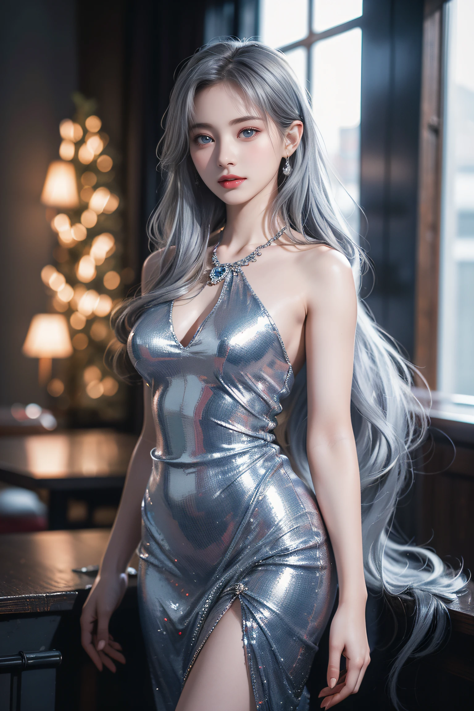 Top quality work,Photorealistic works,Ultra Premium Graphics,8K HD CG works,High-quality graphics,High-definition fine CG works,10x pixel,Ultra-fine details:1.1,Advanced technical details:1.1Photographically realistic,Indoor lighting effects:1.5,Natural light:1.5. light effect(Virtual Light Effects:1.8),超A high resolution,Shiny Blue Dress,Long silver hair,Silver hair,Transparent hair,High Detail Hair(Premium Hair Detail:1.1)Clear eyes,Good looking double eyelids,Sharp eye makeup, Delicate makeup for eyelashes, Thin eyebrows, ultradetailed eyes,High Nose, lovely red lips, Rose cheeks, Face with delicate makeup , Pretty Face, A perfectly proportioned face,(Advanced facial details:1.1)Collection of shiny blue luxury dresses,Blue Sequin Dresses,Sequin coat,shiny,Tight long skirt,Summer Sexy Hip Wrap Fishtail Sleeveless Commuter Maxi,Horse Stockings 100%Oil Gloss Panst Gloss Silk Luster 8D Black Silk Woman,stiletto heels,mitts,Beautiful long dresses,wonderful dress,Bright Red Series,Haute Couture Dresses Collection,Dress Photography,Authentic dress works,In the banquet hall,Women's Artwork,full-body view,Goddess of Dress,真实感,amazing,Today's eyes are bright