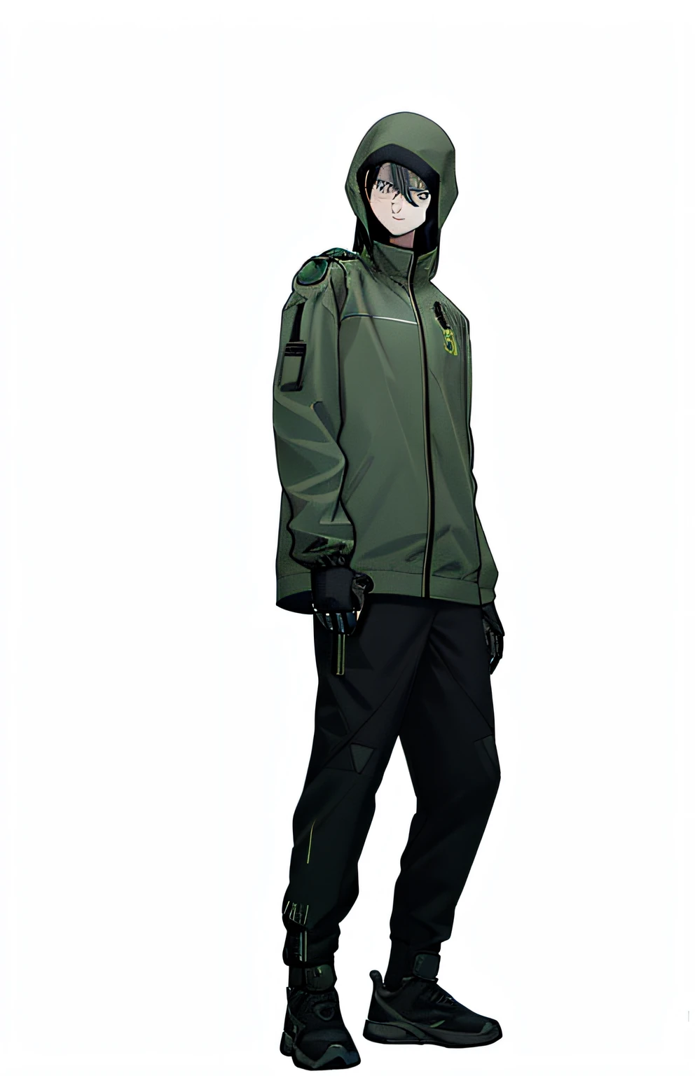 The Arad man in a green jacket and black pants stood, acronym, techwear outfits, profile shot, techwear outfits, Acronym P31-DS pants, A digital rendering, full body shot shot, future techwear,  dezeen, detailled image, full body close-up shot, professional render