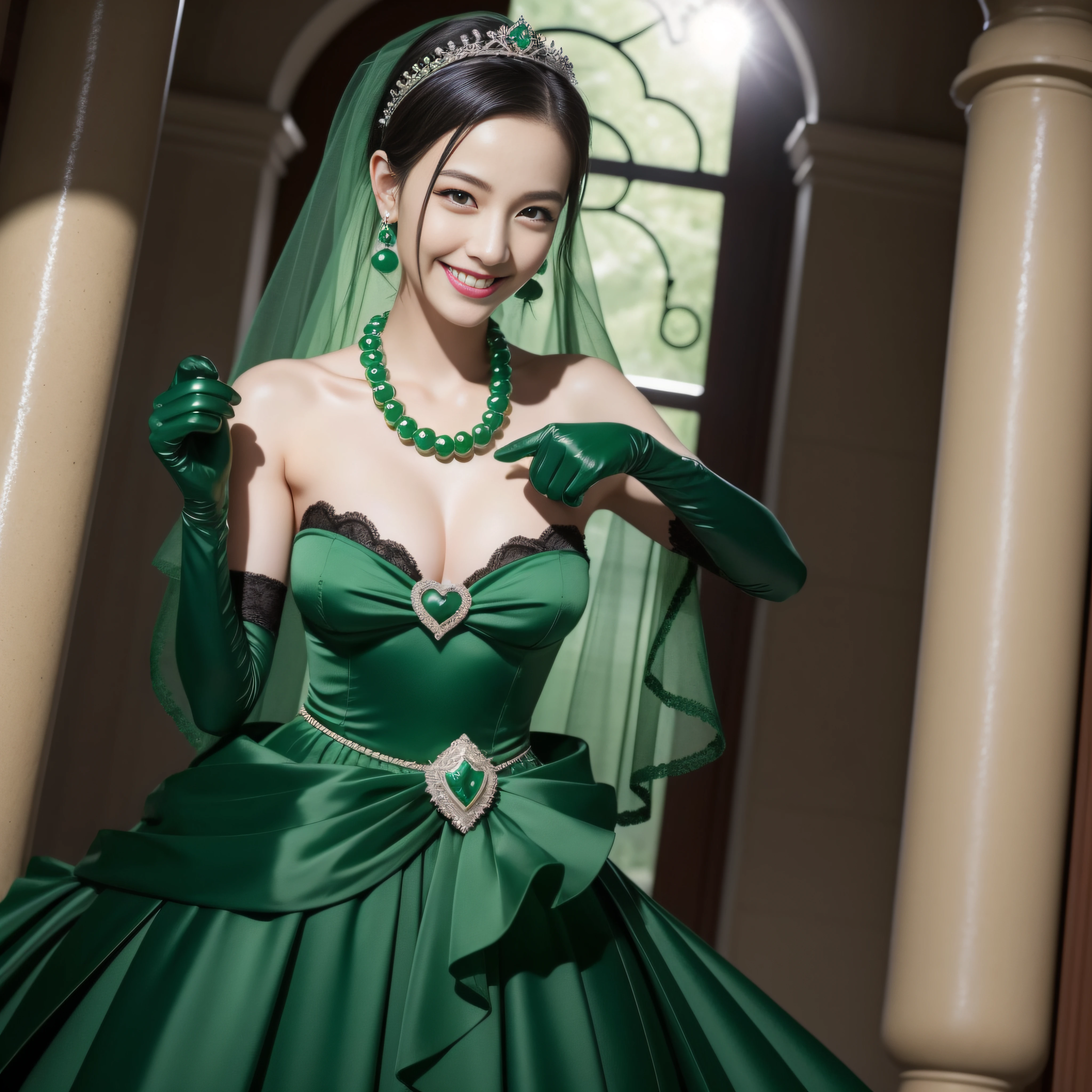 Boyish very short black hair, lipsticks, Japan woman smiling, Green Long Grove,　Emerald Tia boyish very short black hair, lipsticks, Japan woman smiling, Satin green long gloves, Green Pearl Necklace, verd s eyes, Green eyes, Long green gloves made of satin material, big breasts beautiful, Green Bridal Veil, Green eyes, Emerald Earrings,emerald tiara,Give a detailed thumbs up with your left hand