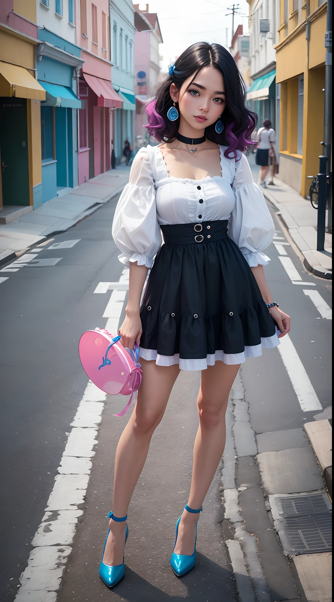 motor irreal:1.4,UHD,La mejor calidad:1.4, fotorrealista:1.4, textura de la piel:1.4, obra maestra:1.8,Foto en color de: A full-body side photo of a fashionable young woman licking a giant rainbow lollipop, con cabello colorido y moda lolita, Stylish street on an empty street, Shooting at a 45-degree angle from above, facing toward camera.Vestido Lolita rosa y azul, blusa blanca con volantes, Calcetines a rayas de arco iris hasta el muslo, Zapatos Mary Jane blancos, cabello color pastel, maquillaje colorido, Empty street background, Playful and cheerful expression, Cámara Pentax K-1 Mark II, Kodak Ektachrome E100 Film, Lente de 50 mm, poca profundidad de campo, Sofía Coppola, Spike Jonze, Wes Anderson, Jeremy Scott, ANNA SUI