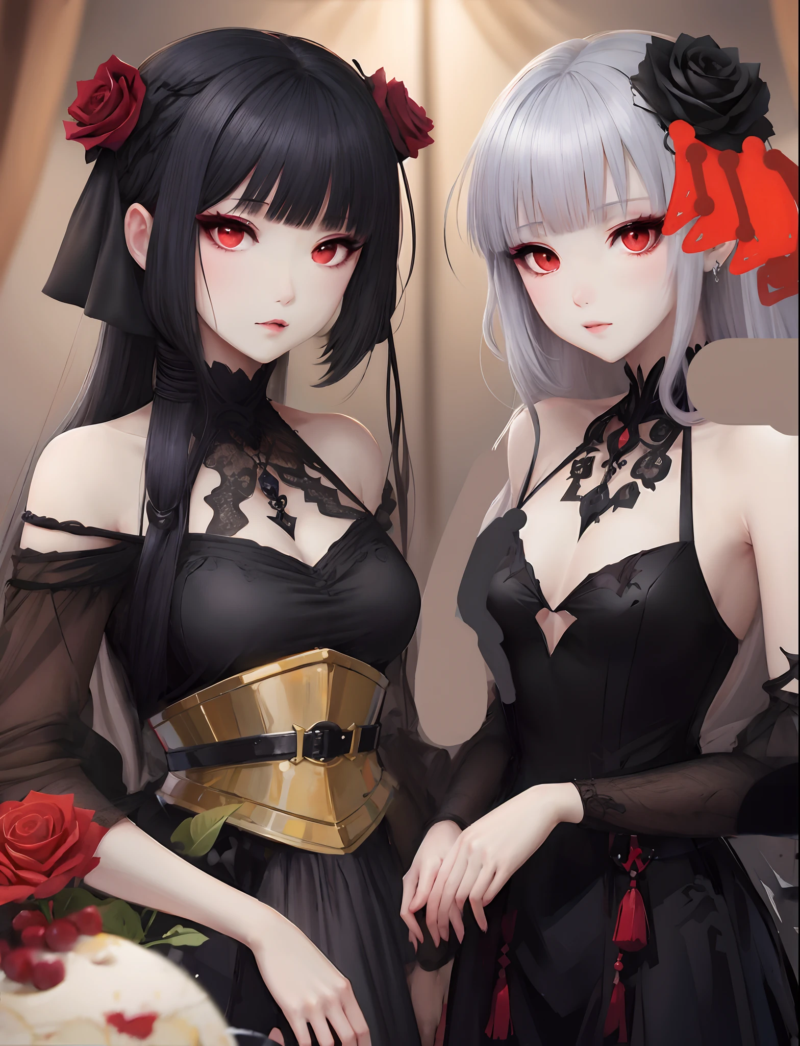 Mature woman, perfect anatomic draw, perfect eyes, long black hair, beautiful eyes, waved hair, straight bangs down, red eyes, pale skin, beautiful woman, gothic puff dress, red details on dress, in the grey background, red lips, sadisc face, serious woman, brave pose, dark.