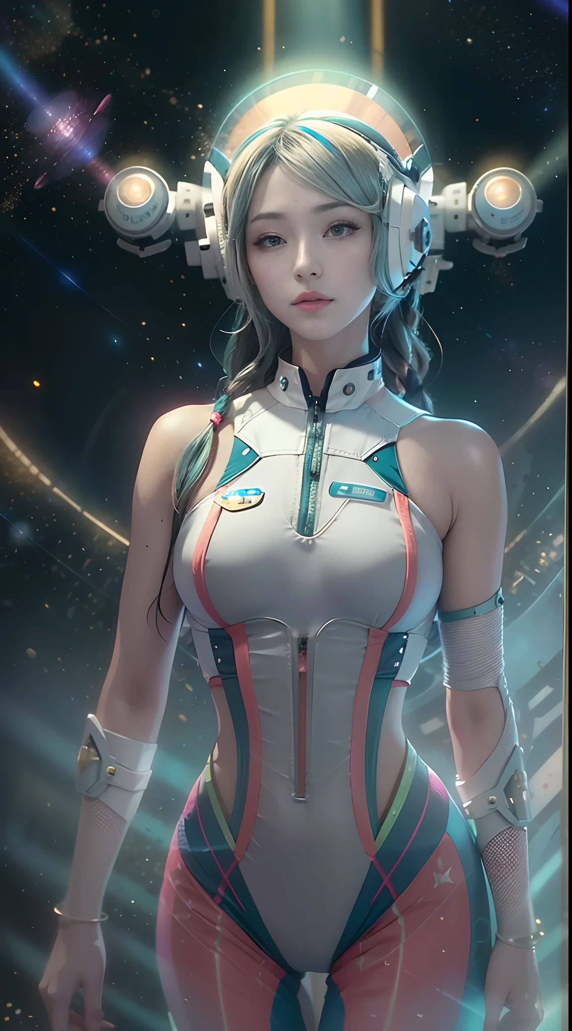 (tmasterpiece:1.2),best qualtiy,In space,(nigh sky,medium lenght hair:1.2),(illustratio:1.2),lindo cenario,dreads,(Elaborate luminescence,lens flare glow),(Hyper-detailing),Hyper-detailing,(exquisitedetails),(complexdetails),(Movie light,Best quality backlight),清晰的线条,New world,peeping at the viewer,Solo Woman,(Space Girl,the space),Oriental women,The girl looks like a Chinese movie star,Solo Woman,Perfect body,Beautiful 16 year old girl,(1girll),(Bright bioluminescent hair,bright glowing eyes),(galaxias,Alien planet),(Astronaut wearing sexy futuristic style white fitted spacesuit:1.1),The material of the spacesuit is light and thin,Latex tight spacesuit,The chest of the spacesuit shows the starry sky,Slightly closed eyes,(cyber punk perssonage),(dyna:1.3),(putting makeup on)),hight contrast,(The best lighting,Extremely refined and beautiful),((Movie Moonlight)),Extremely colorful,((Photoshop Pastel Painting:1.1)),aethereal,(Movie Masterpiece),suspense,Funk,(Starskrim),splash of color,absolutly eye-catching,((Caustics)),dynamic angle,big breasts beautiful(detailed glow),(spine-chilling),(Intricate movie scenes behind it:1.2),Environmental occlusion, (Ambient moonshine), ray-traced reflection, intricately detailed visible background , (Glowing spacesuit), terroral, (Bioluminescent vegetation:1.2), terroral, uneasy, A futuristic, terroral, (Hologram head-up display), (Delicate Great Comet)