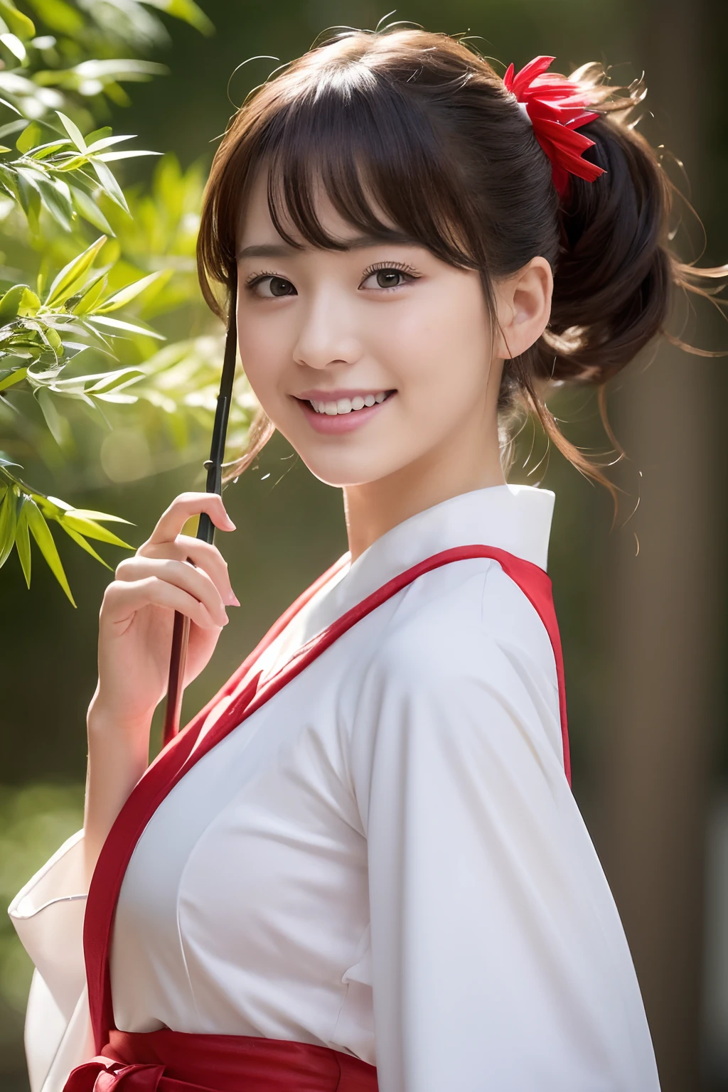 (​masterpiece、top-quality、ultra-detailliert、rays of sunshine、电影灯光)、(Japan Anime Cosplay、)、(Famous idol girls of Japan、)、(goddess of Japan、shrine maiden、white miko costume、Red Hakama、)、(dishevled hair、short hair of red-brown color、poneyTail、Cherry Blossom Hair Ornament、hair pin、)、Holding a bamboo broom、Look at viewers、A beautiful face that captivates the viewer、(Background of the precincts、)、Stand on the ground of pebbles、Floating hair、bending forward、large full breasts、Beautiful breast slip、Shiny skin、the wind、beautifull hands、Beautiful Finger、An elaborate masterpiece、Intricate details、A detailed face、detailed hairs、Detailed red mouth、Detailed red cheeks、Smile of shame、