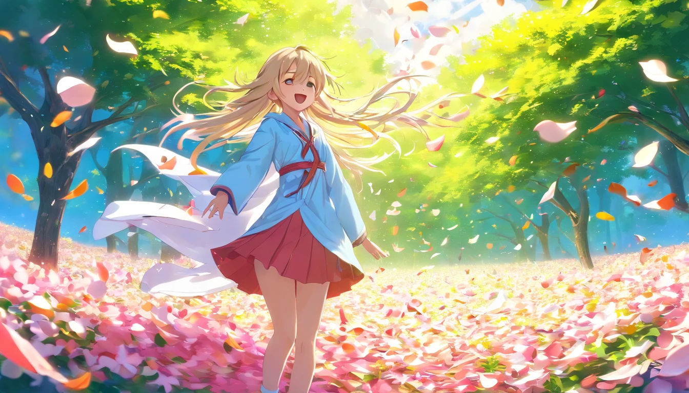 ((The garden is littered with a large number of petals:1.5))，(A gust of wind blew around the two girls，One hand raised to the sky:1.63)，Magic beyond imagination，innocent smiles，Maiden of the Wind，(Huge petal tornado around the girl:1.61)，Seven colors,(1girl in)，(Cute smile)，(The clothes are intricate magic robes，white base:1.4)，(Many light particles swirl around the girl) ，(Best Impact:1.5)， (Maximalism:1.7),，Vivid Contrast， (Realistic),，hyper-realistic illustration,，A high resolution,，ultra - detailed,，absurderes，(Fractal art:1.3)，Braided hairstyle，Gradient Long Hair，full body shot of，Photograph the sky from your feet，Precise focus，randome pose，cinema4d