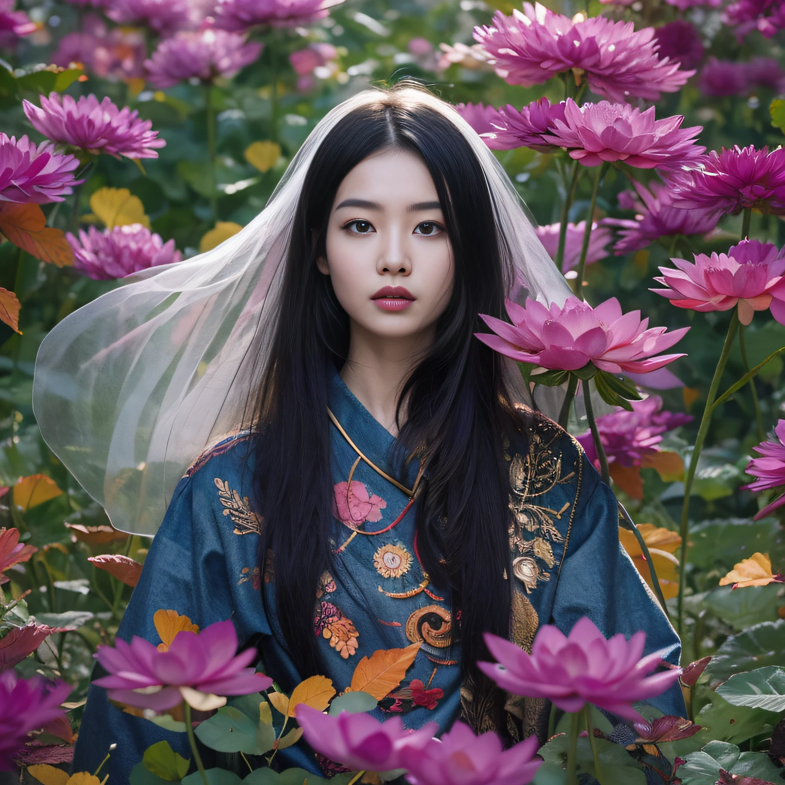 32K(tmasterpiece,k hd,hyper HD,32K)Long flowing black hair,ponds,zydink, a color, Aozhou people (Concubine girl), (Purple silk scarf), Combat posture, looking at the ground, long whitr hair, Floating hair, Carp pattern headdress, Chinese long-sleeved clothing, (Abstract gouache splash:1.2), Pink petal background,Pink and white lotus flowers fly(realisticlying:1.4),Black color hair,Fallen leaves flutter,The background is pure, A high resolution, the detail, RAW photogr, Sharp Re, Nikon D850 Film Stock Photo by Jefferies Lee 4 Kodak Portra 400 Camera F1.6 shots, Rich colors, ultra-realistic vivid textures, Dramatic lighting, Unreal Engine Art Station Trend, cinestir 800,Long flowing black hair,Denim skirt
