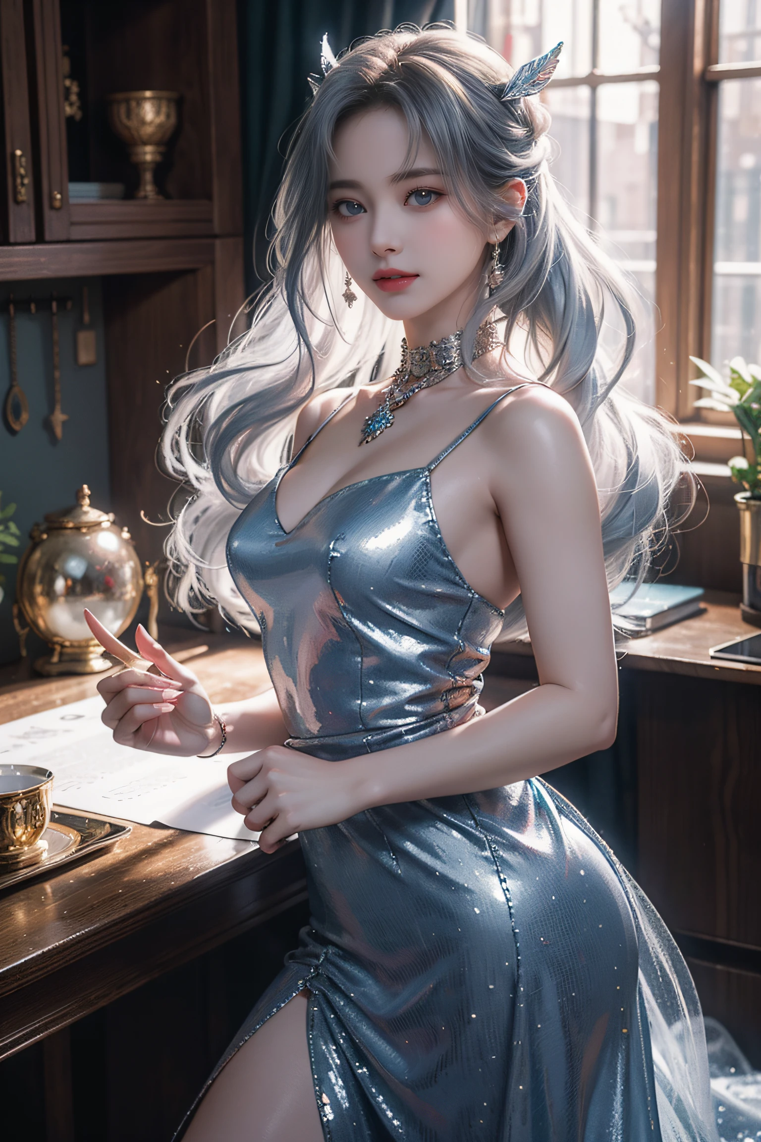 Top quality work,Photorealistic works,Ultra Premium Graphics,8K HD CG works,High-quality graphics,High-definition fine CG works,10x pixel,Ultra-fine details:1.1,Advanced technical details:1.1Photographically realistic,Indoor lighting effects:1.5,Natural light:1.5. light effect(Virtual Light Effects:1.8),超A high resolution,Shiny Blue Dress,Long silver hair,Silver hair,Transparent hair,High Detail Hair(Premium Hair Detail:1.1)Clear eyes,Good looking double eyelids,Sharp eye makeup, Delicate makeup for eyelashes, Thin eyebrows, ultradetailed eyes,High Nose, lovely red lips, Rose cheeks, Face with delicate makeup , Pretty Face, A perfectly proportioned face,(Advanced facial details:1.1)Collection of shiny blue luxury dresses,Blue Sequin Dresses,Sequin coat,shiny,Tight long skirt,Summer Sexy Hip Wrap Fishtail Sleeveless Commuter Maxi,Horse Stockings 100%Oil Gloss Panst Gloss Silk Luster 8D Black Silk Woman,stiletto heels,mitts,Beautiful long dresses,wonderful dress,Bright Red Series,Haute Couture Dresses Collection,Dress Photography,Authentic dress works,In the banquet hall,Women's Artwork,full-body view,Goddess of Dress,真实感,amazing,Today's eyes are bright