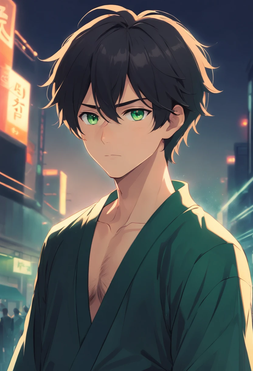 male (Male), green eyes, Birthmark on left cheek, white skin tone, Short dark black hair, Black shirt, Robe, tight pants, Simple background, anime, fantasy.