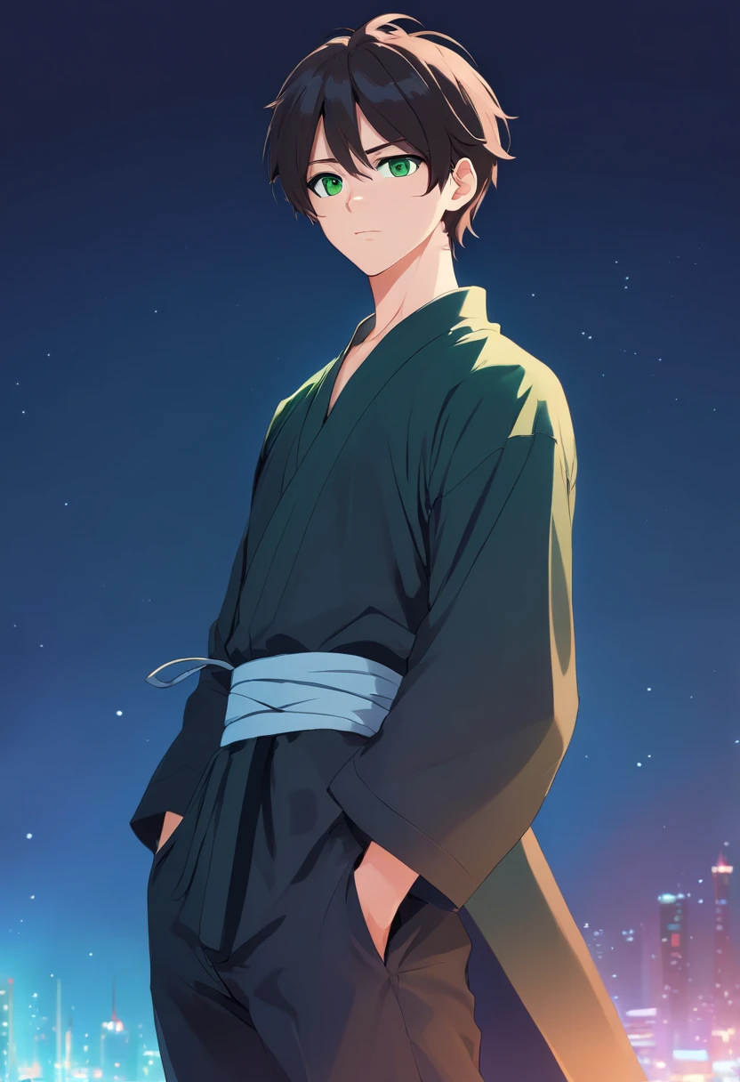 male (Male), green eyes, Birthmark on left cheek, white skin tone, Short dark black hair, Black shirt, Robe, tight pants, Simple background, anime, fantasy.