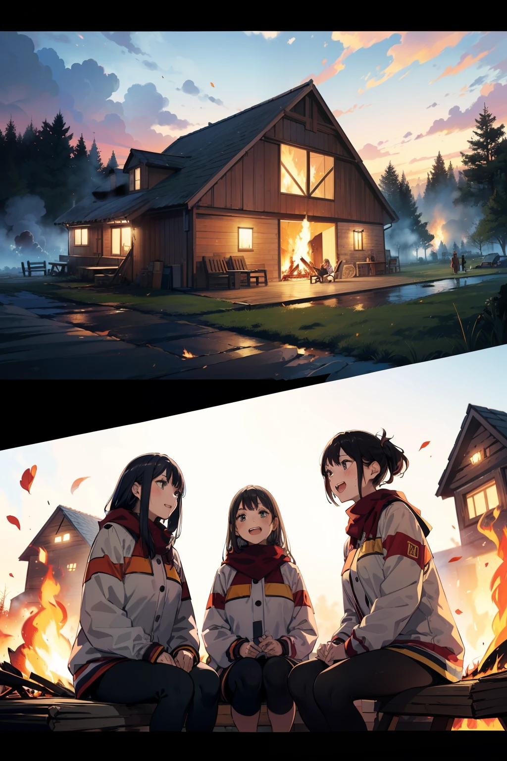 3 matured girls group shot, (trio:1.2, sitting nearby fires, wearing parkers, outdoor fashion), (camp fires), (smoke rising behind them, burning, burning wood cottage behind them, emergency), (but they are laughing), (super high resolution, 8K RAW photo, photo realistics, thin outline), in a forest, outdoor, funny,