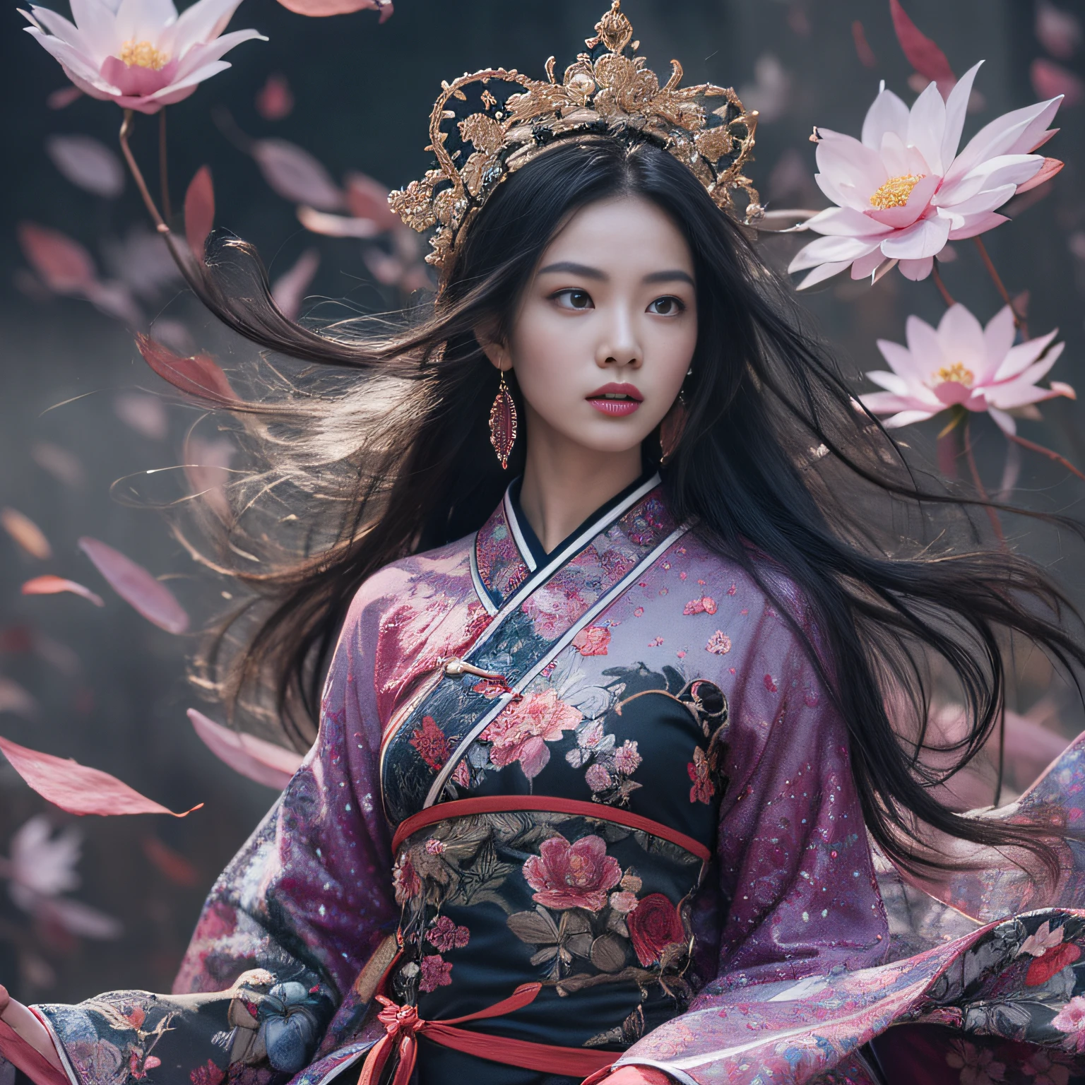 32K（tmasterpiece，k hd，hyper HD，32K）Long flowing black hair，ponds，zydink， a color， Aozhou people （Concubine girl）， （Purple silk scarf）， Combat posture， looking at the ground， long whitr hair， Floating hair， Carp pattern headdress， Chinese long-sleeved clothing， （Abstract gouache splash：1.2）， Pink petal background，Pink and white lotus flowers fly（realisticlying：1.4），Black color hair，Fallen leaves flutter，The background is pure， A high resolution， the detail， RAW photogr， Sharp Re， Nikon D850 Film Stock Photo by Jefferies Lee 4 Kodak Portra 400 Camera F1.6 shots, Rich colors, ultra-realistic vivid textures, Dramatic lighting, Unreal Engine Art Station Trend, cinestir 800，Long flowing black hair，Denim skirt