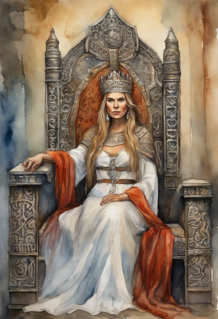 Beautiful Viking Queen sitting on viking throne, highly detailed, masterpiece, looking at viewer