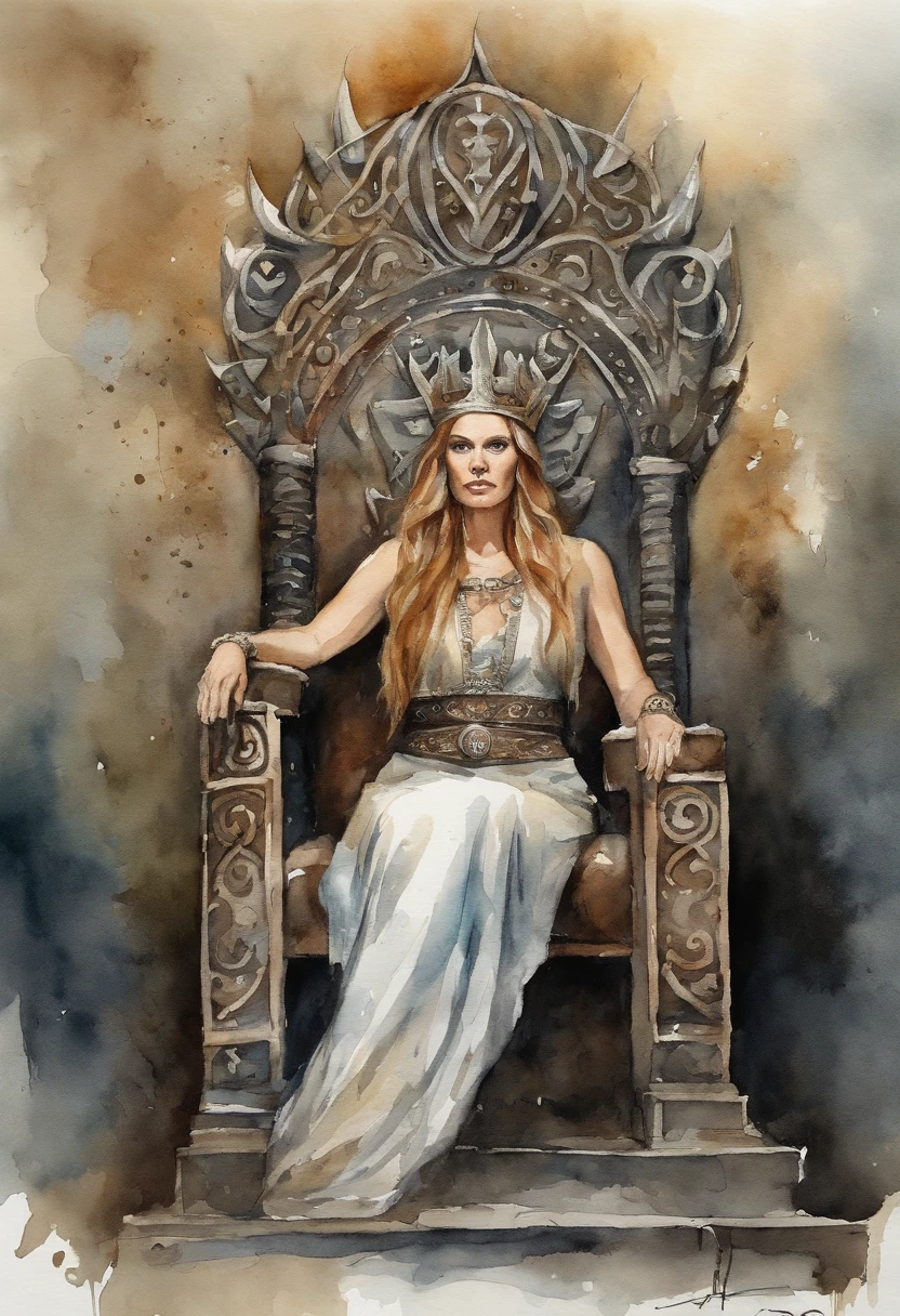 Beautiful Viking Queen sitting on viking throne, highly detailed, masterpiece, looking at viewer