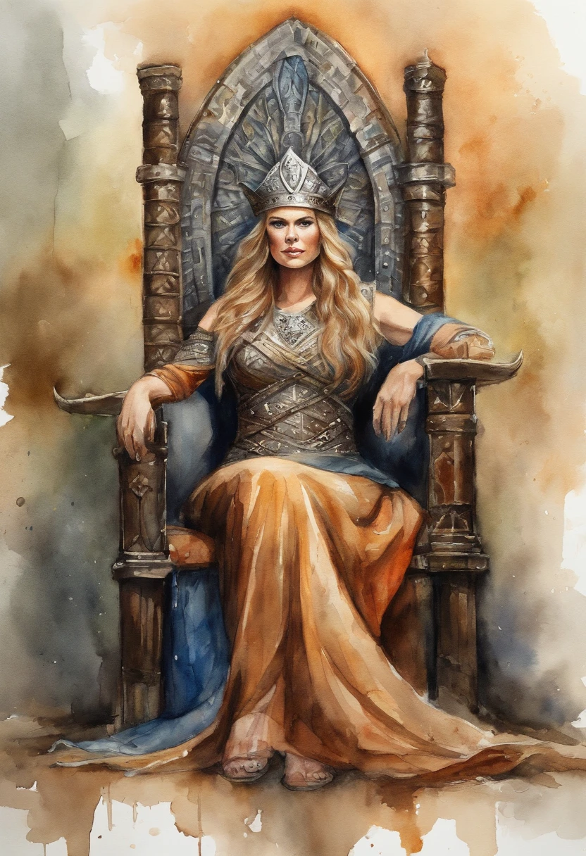 Beautiful Viking Queen sitting on viking throne, highly detailed, masterpiece, looking at viewer