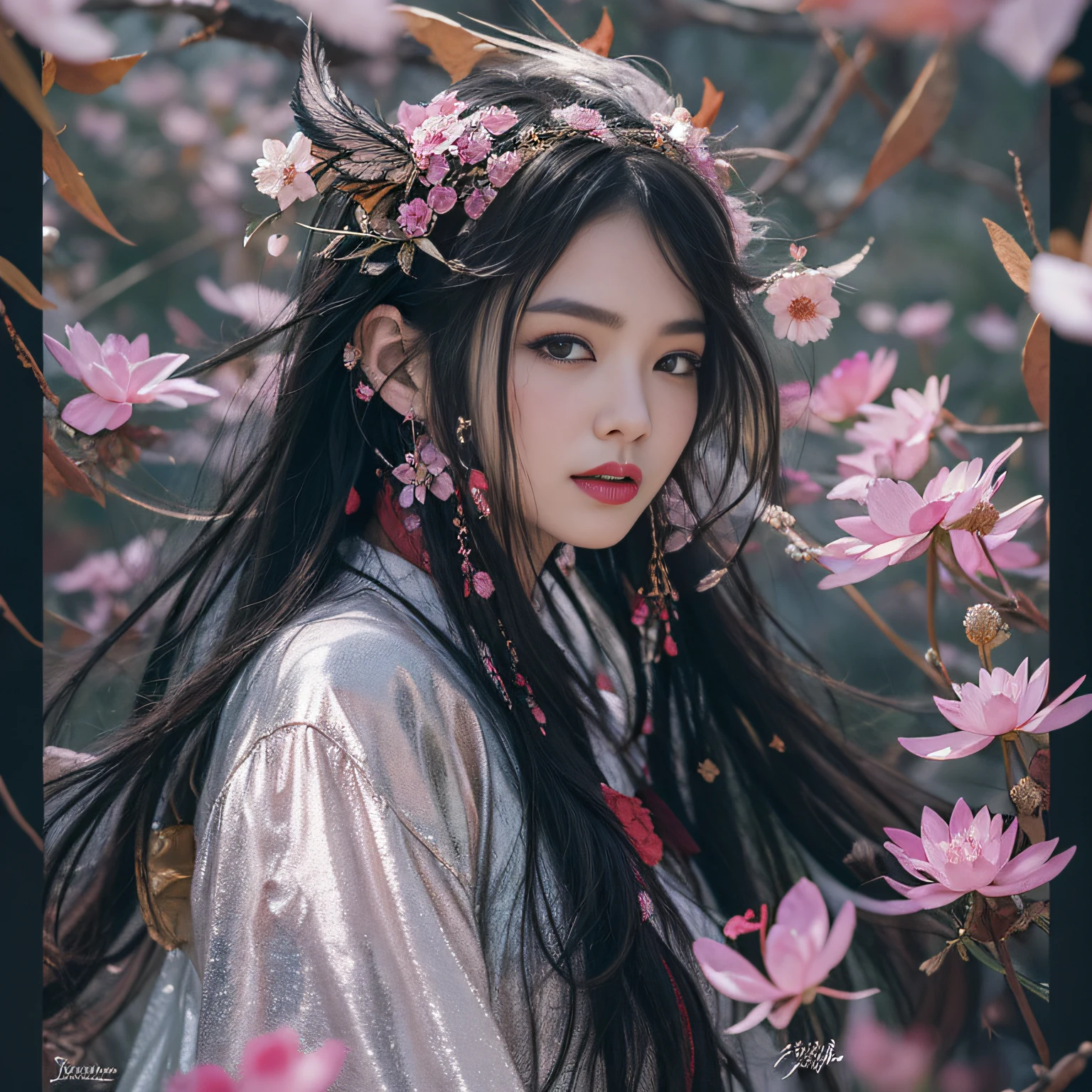 32K(tmasterpiece,k hd,hyper HD,32K)Long flowing black hair,ponds,zydink, a color, Aozhou people (Concubine girl), (Purple silk scarf), Combat posture, looking at the ground, long whitr hair, Floating hair, Carp pattern headdress, Chinese long-sleeved clothing, (Abstract gouache splash:1.2), Pink petal background,Pink and white lotus flowers fly(realisticlying:1.4),Black color hair,Fallen leaves flutter,The background is pure, A high resolution, the detail, RAW photogr, Sharp Re, Nikon D850 Film Stock Photo by Jefferies Lee 4 Kodak Portra 400 Camera F1.6 shots, Rich colors, ultra-realistic vivid textures, Dramatic lighting, Unreal Engine Art Station Trend, cinestir 800,Long flowing black hair,Denim skirt
