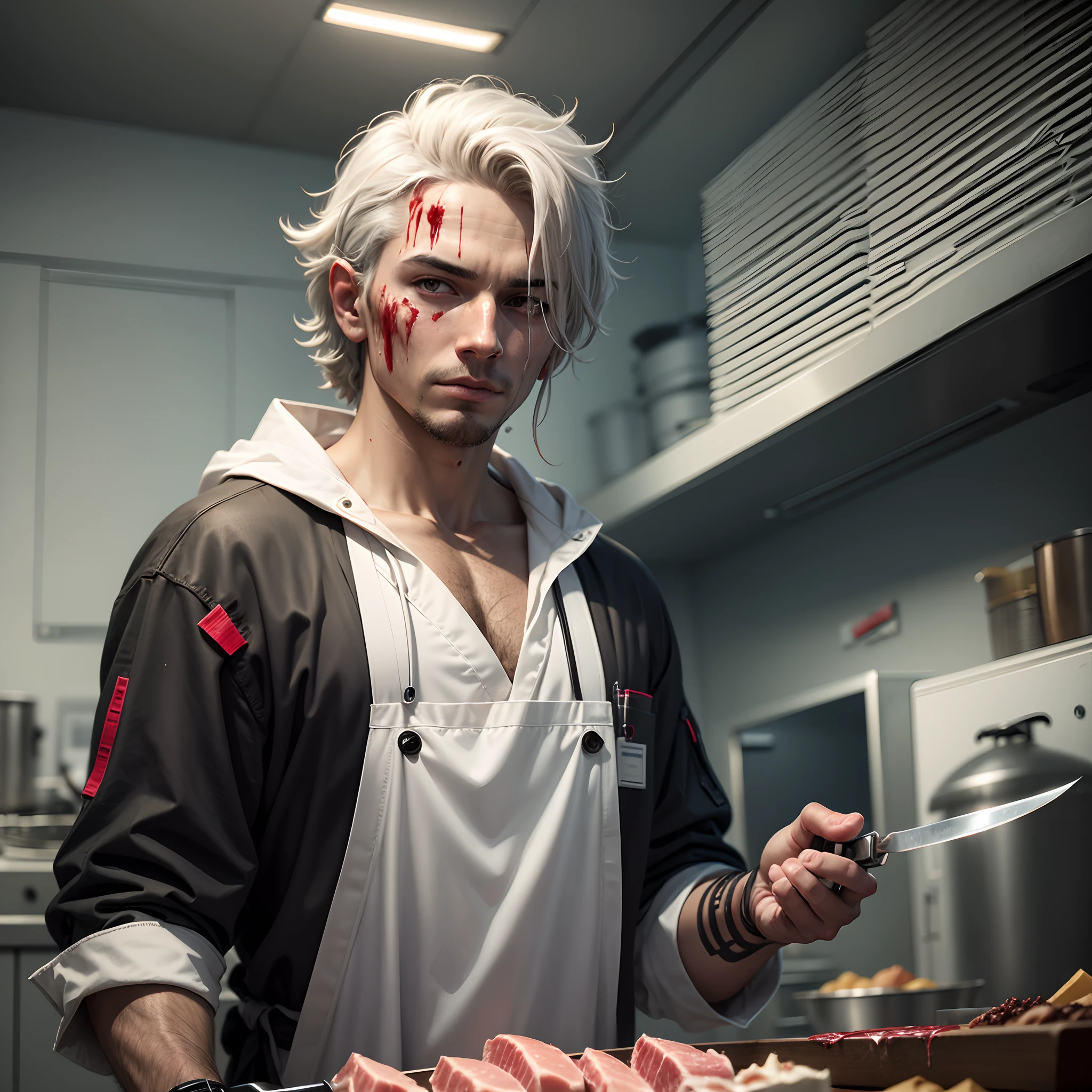 Cyberpunk Sekach as a chef with a butcher's knife, QRCODE on the forehead , film still from a horror movie, Dark lighting , white surgeon's robe in blood --auto --s2