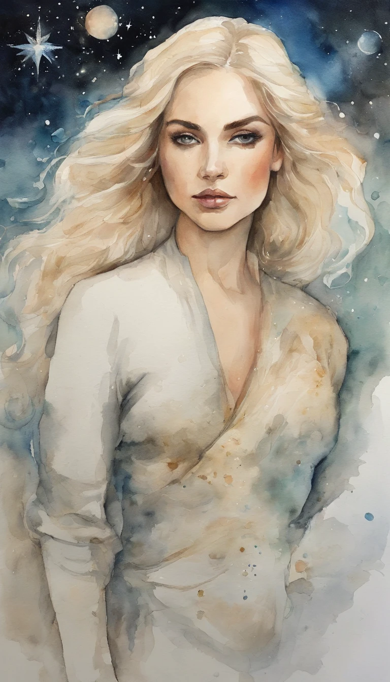a sticker,Detailed portrait of a beautiful woman full of hope,Has wavy blonde hair,nier:automata inspired,bravely default inspired,A dynamic but dull but exhilarating cosmic projection,space nebula background,smooth,bold colour,expressionistic
