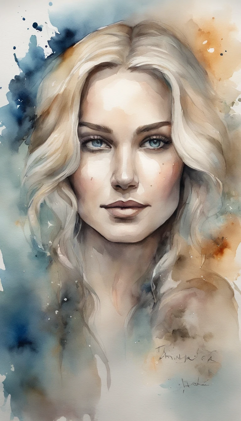 a sticker,Detailed portrait of a beautiful woman full of hope,Has wavy blonde hair,nier:automata inspired,bravely default inspired,A dynamic but dull but exhilarating cosmic projection,space nebula background,smooth,bold colour,expressionistic