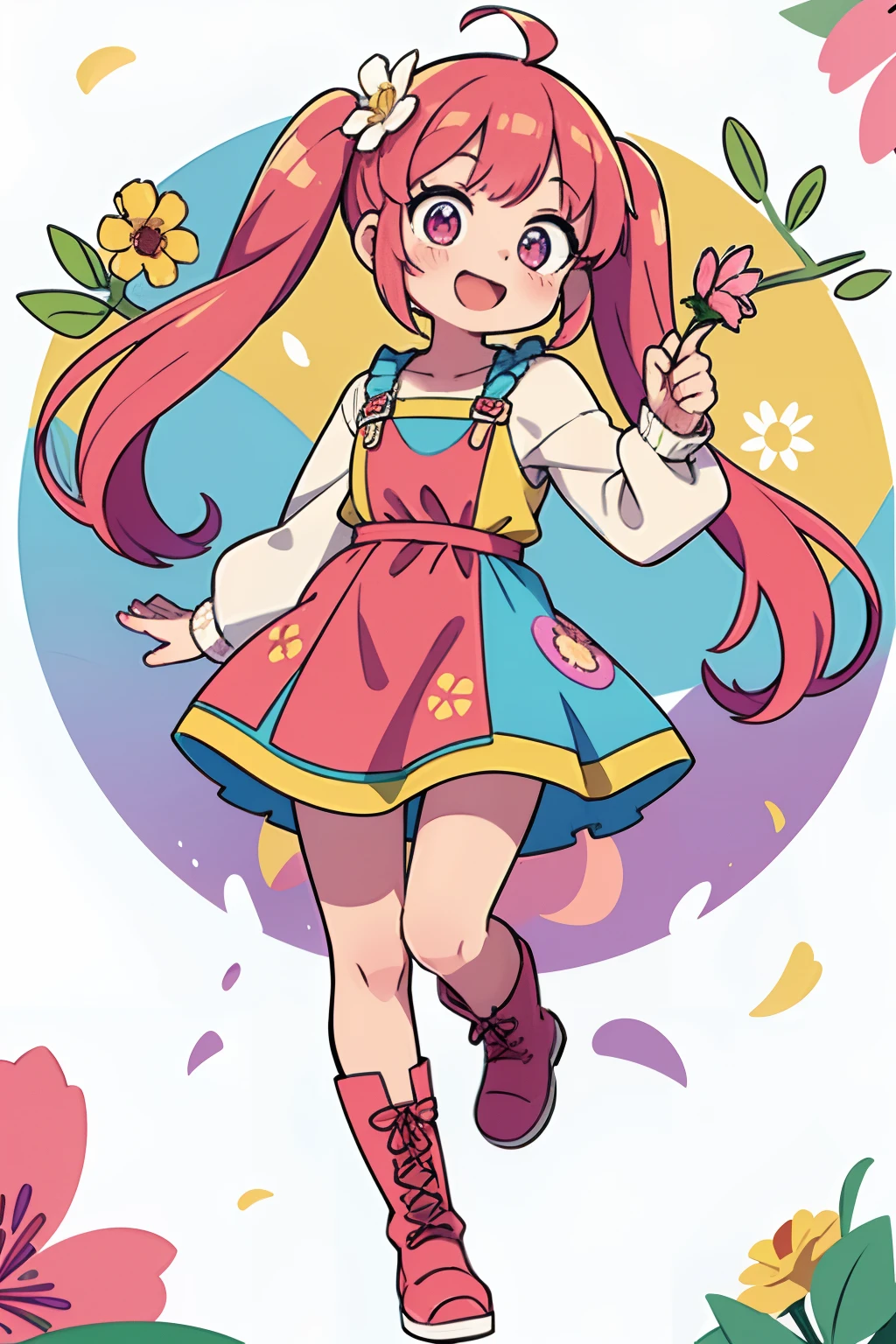 Stand in front of the photo、1girl in,Full body,a short bob, But long pigtails, rainbow color Hair,long boots,Open mouth and big smile、kawaii pose、Flowing iridescent silk、up of face、Eye Up、Colorcon with heart pattern、Floral dress、There are flowers even in front of you、flower petals、season!!: springtime☀ 🍂