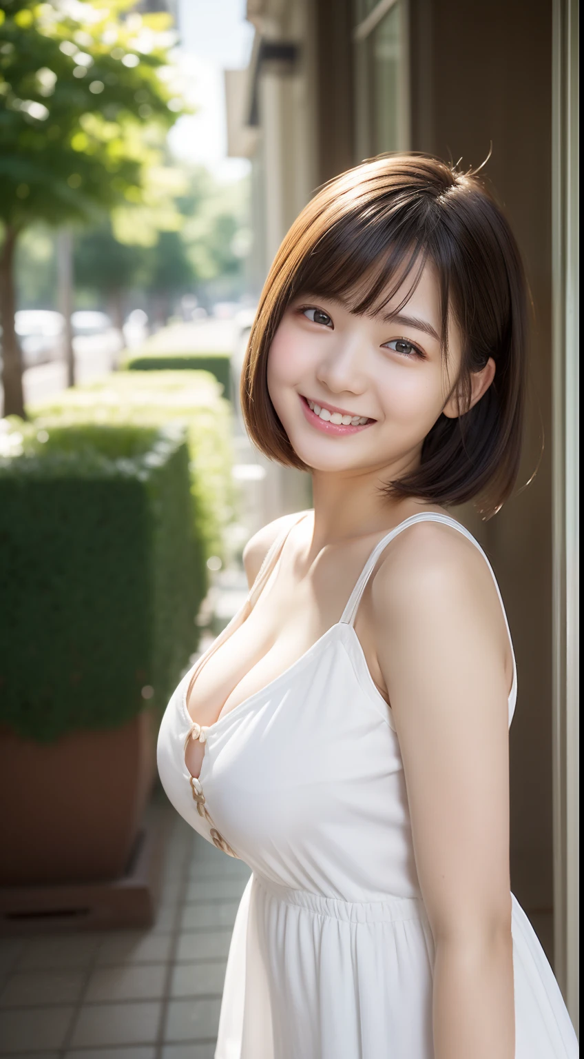 Enhanced dynamic perspective,Cute cute beautiful girl,((White casual dress))、Short pants、Look at me and smile,simple backgound,Works of masters,high quarity,4K resolution,super-fine,Detailed pubic hair,acurate,Cinematic lighting,Leaves the original facial proportions、(Huge breasts)、
