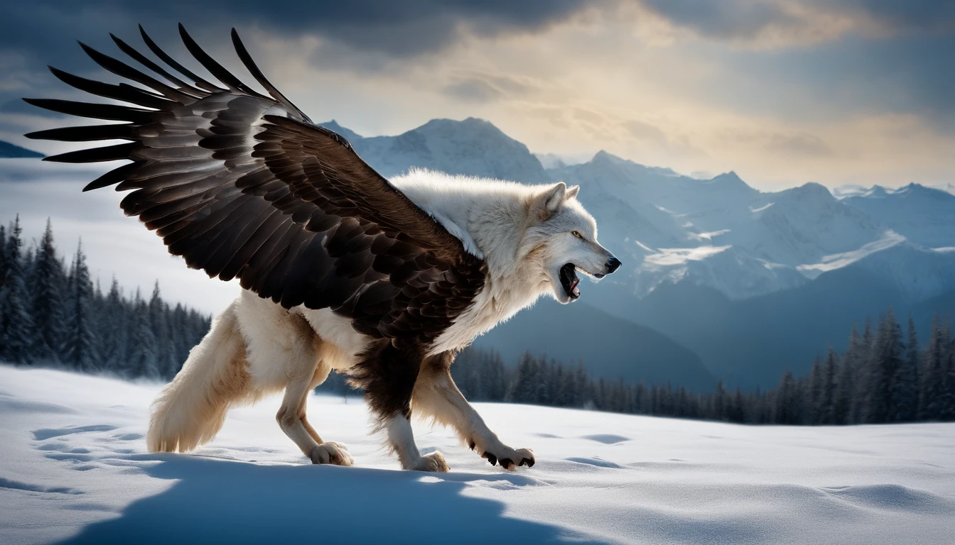 (Distant view)Best quality, Masterpiece, A frost-white eagle vs. the Wolf King, The wolf opened its mouth and bit the big eagle,snowfield, high resolution, (photograph realistic:1.4), surrealism, Dream-like,fusionart