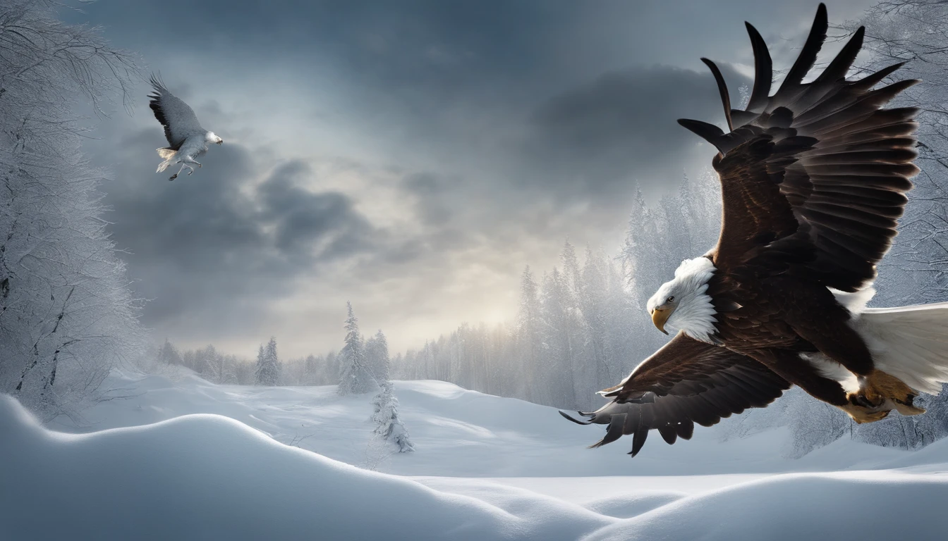 (Distant view)Best quality, Masterpiece, A frost-white eagle vs. the Wolf King, The wolf opened its mouth and bit the big eagle,snowfield, high resolution, (photograph realistic:1.4), surrealism, Dream-like,fusionart