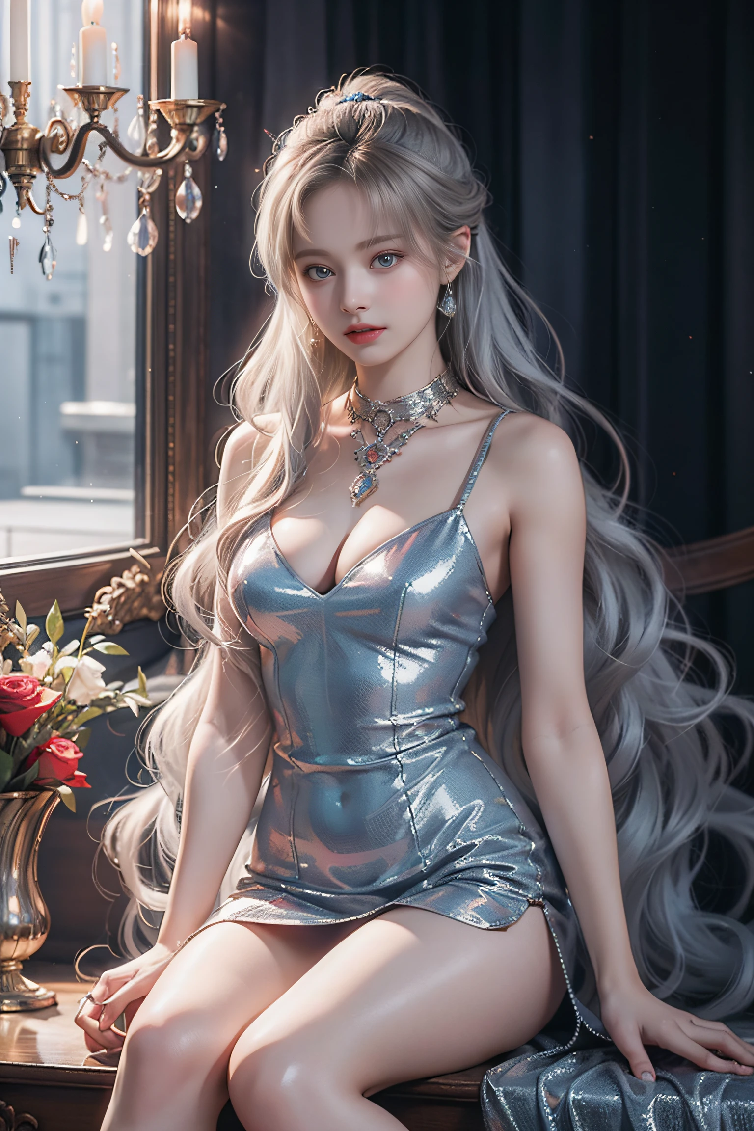 Top quality work，Photorealistic works，Ultra Premium Graphics，8K HD CG works，High-quality graphics，High-definition fine CG works，10x pixel，Ultra-fine details：1.1，Advanced technical details：1.1Photographically realistic，Indoor lighting effects：1.5，Natural light：1.5. light effect（Virtual Light Effects：1.8），超A high resolution，Shiny Blue Dress，Long silver hair，Silver hair，Transparent hair，High Detail Hair（Premium Hair Detail：1.1）Clear eyes，Good looking double eyelids，Sharp eye makeup, Delicate makeup for eyelashes, Thin eyebrows, ultradetailed eyes，High Nose, lovely red lips, Rose cheeks, Face with delicate makeup , Pretty Face, A perfectly proportioned face,（Advanced facial details：1.1）Collection of shiny blue luxury dresses，Blue Sequin Dresses，Sequin coat，shiny，Tight long skirt，Summer Sexy Hip Wrap Fishtail Sleeveless Commuter Maxi，Horse Stockings 100%Oil Gloss Panst Gloss Silk Luster 8D Black Silk Woman，stiletto heels，mitts，Beautiful long dresses，wonderful dress，Bright Red Series，Haute Couture Dresses Collection，Dress Photography，Authentic dress works，In the banquet hall，Women's Artwork，full-body view，Goddess of Dress，真实感，amazing，Today's eyes are bright